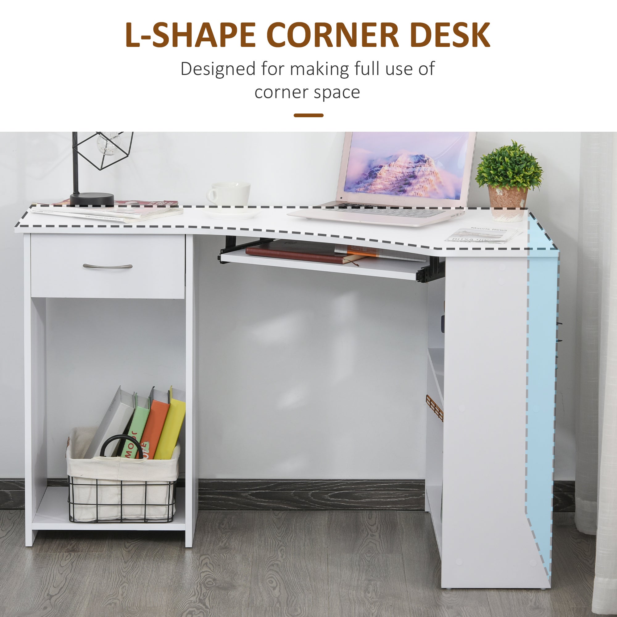 HOMCOM L-Shaped Desk with Keyboard Tray, Computer Corner Desk for Small Space with  Shelves, Drawer, CPU Stand, Home Office Writing Table, White