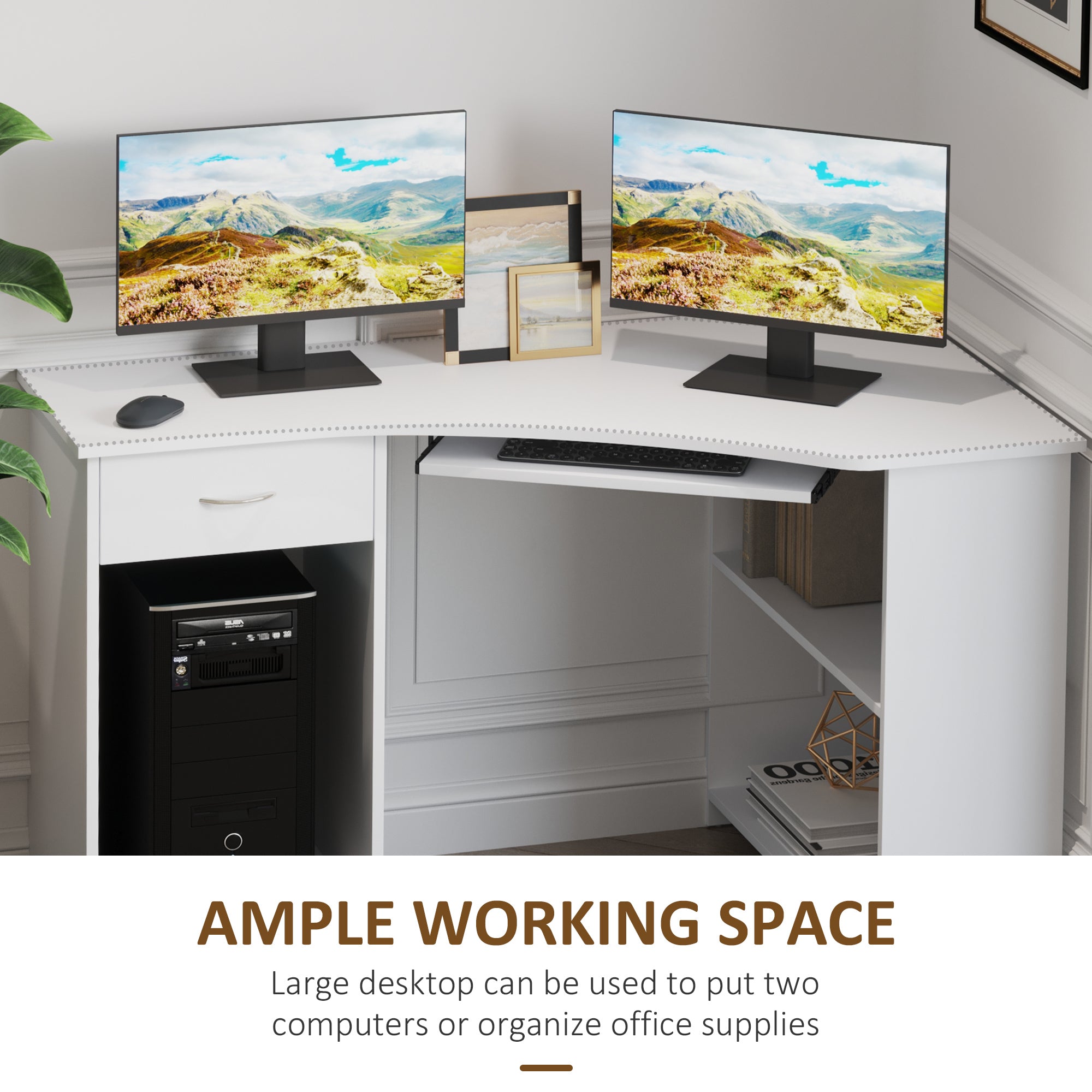 HOMCOM L-Shaped Desk with Keyboard Tray, Computer Corner Desk for Small Space with  Shelves, Drawer, CPU Stand, Home Office Writing Table, White