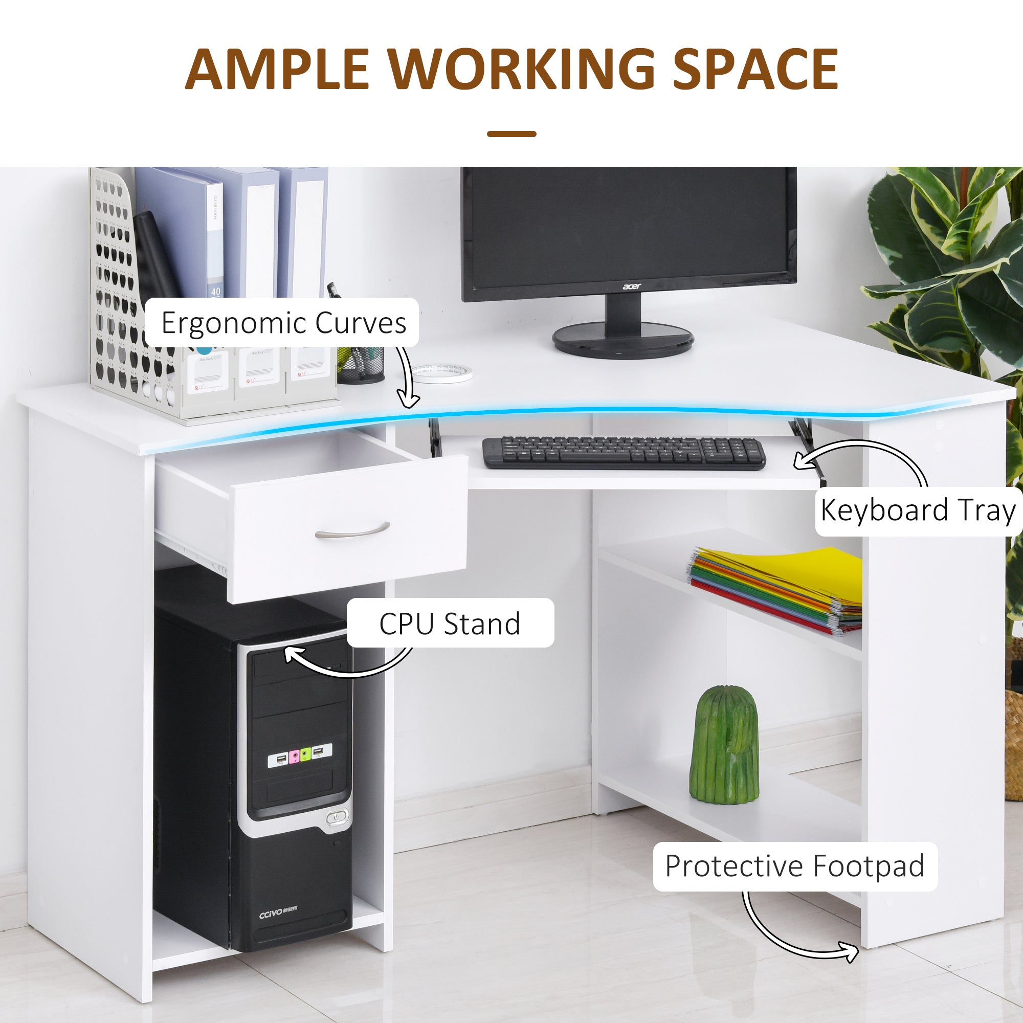 HOMCOM L-Shaped Desk with Keyboard Tray, Computer Corner Desk for Small Space with  Shelves, Drawer, CPU Stand, Home Office Writing Table, White