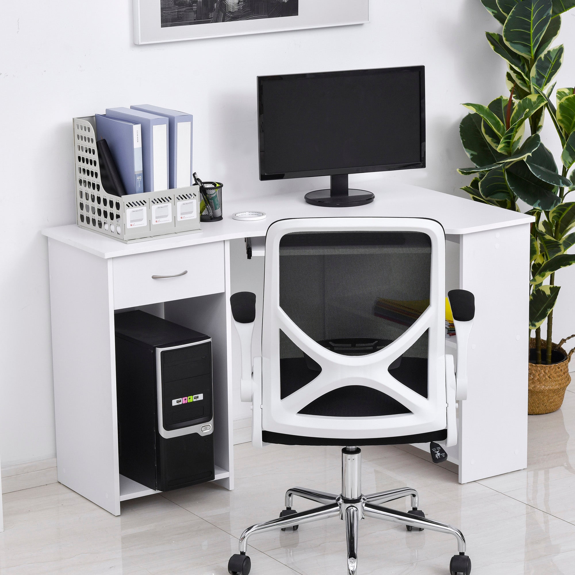 HOMCOM L-Shaped Desk with Keyboard Tray, Computer Corner Desk for Small Space with  Shelves, Drawer, CPU Stand, Home Office Writing Table, White
