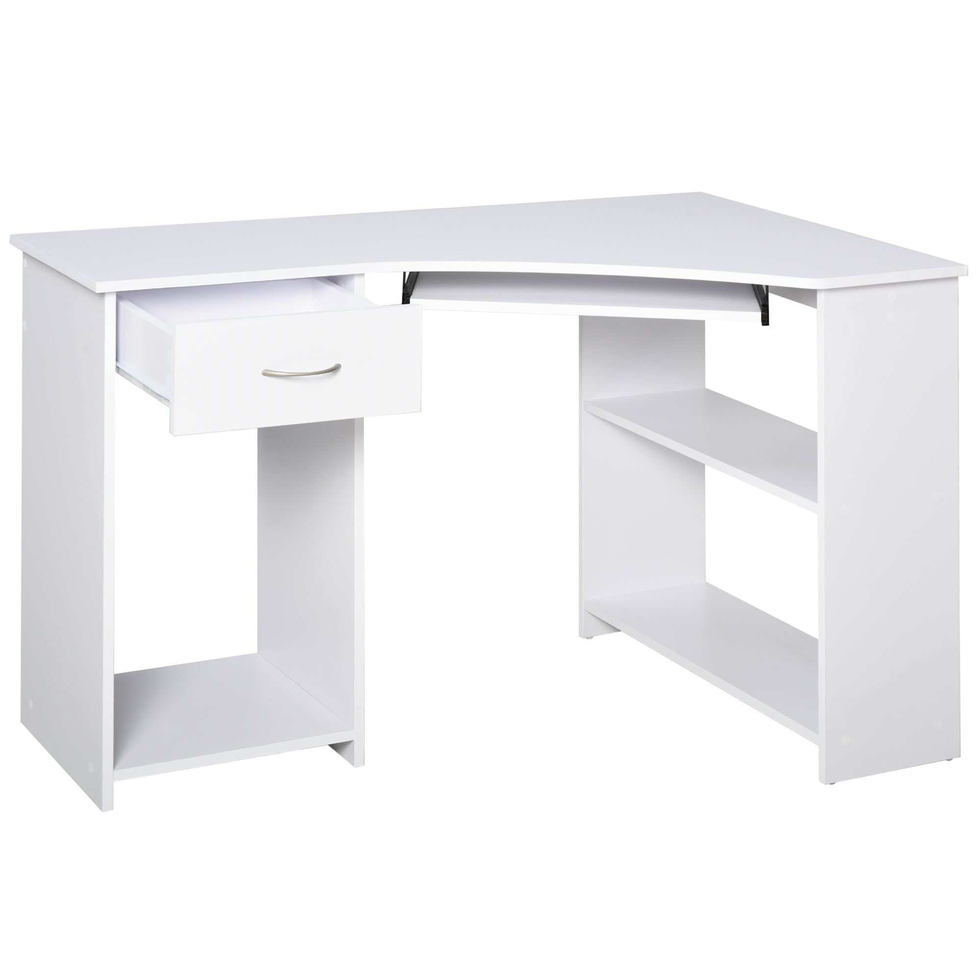 HOMCOM L-Shaped Desk with Keyboard Tray, Computer Corner Desk for Small Space with  Shelves, Drawer, CPU Stand, Home Office Writing Table, White