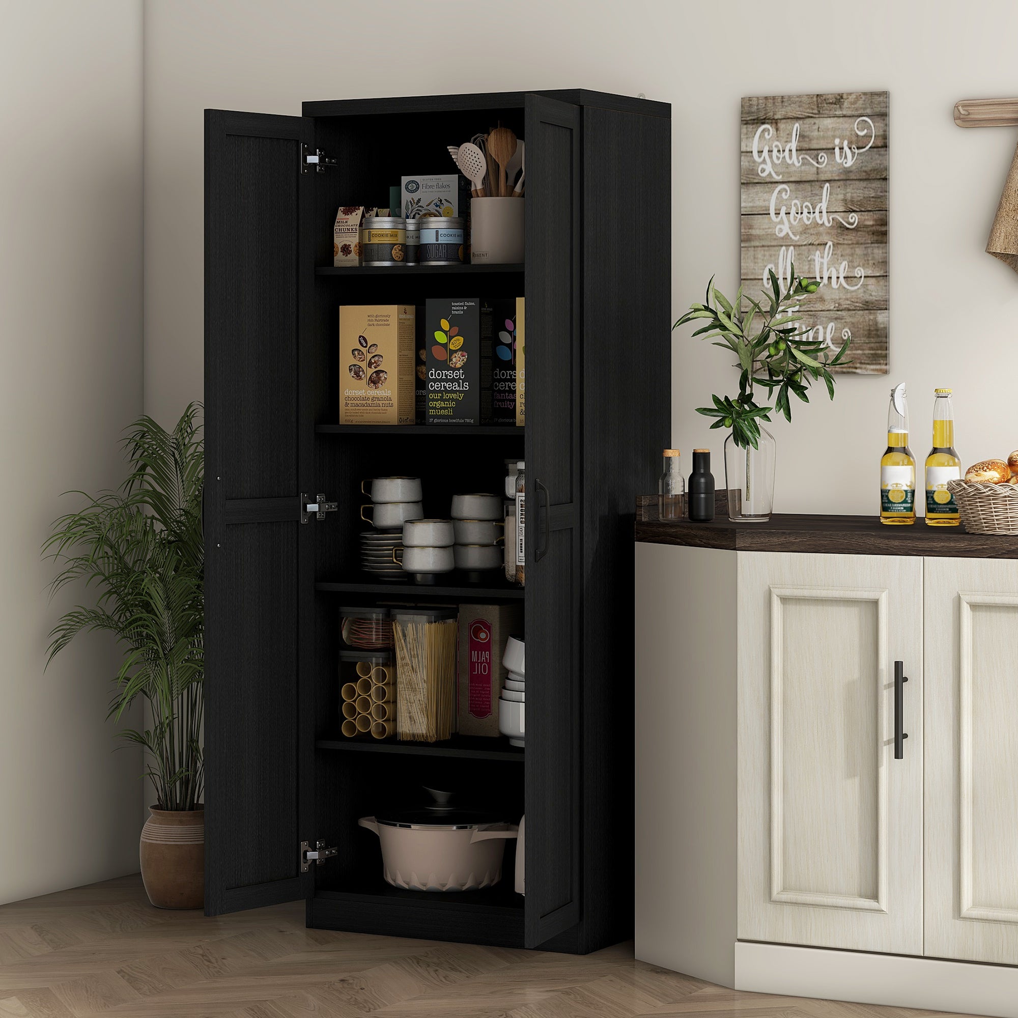 HOMCOM 63" 2-Door Kitchen Pantry, Freestanding Storage Cabinet with 5-tier Shelving and 2 Adjustable Shelves for Dining Room, Black Wood Grain