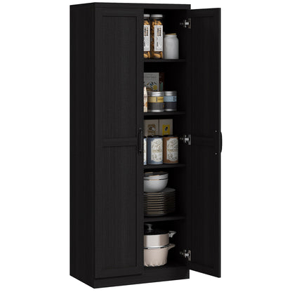HOMCOM 63" 2-Door Kitchen Pantry, Freestanding Storage Cabinet with 5-tier Shelving and 2 Adjustable Shelves for Dining Room, Black Wood Grain