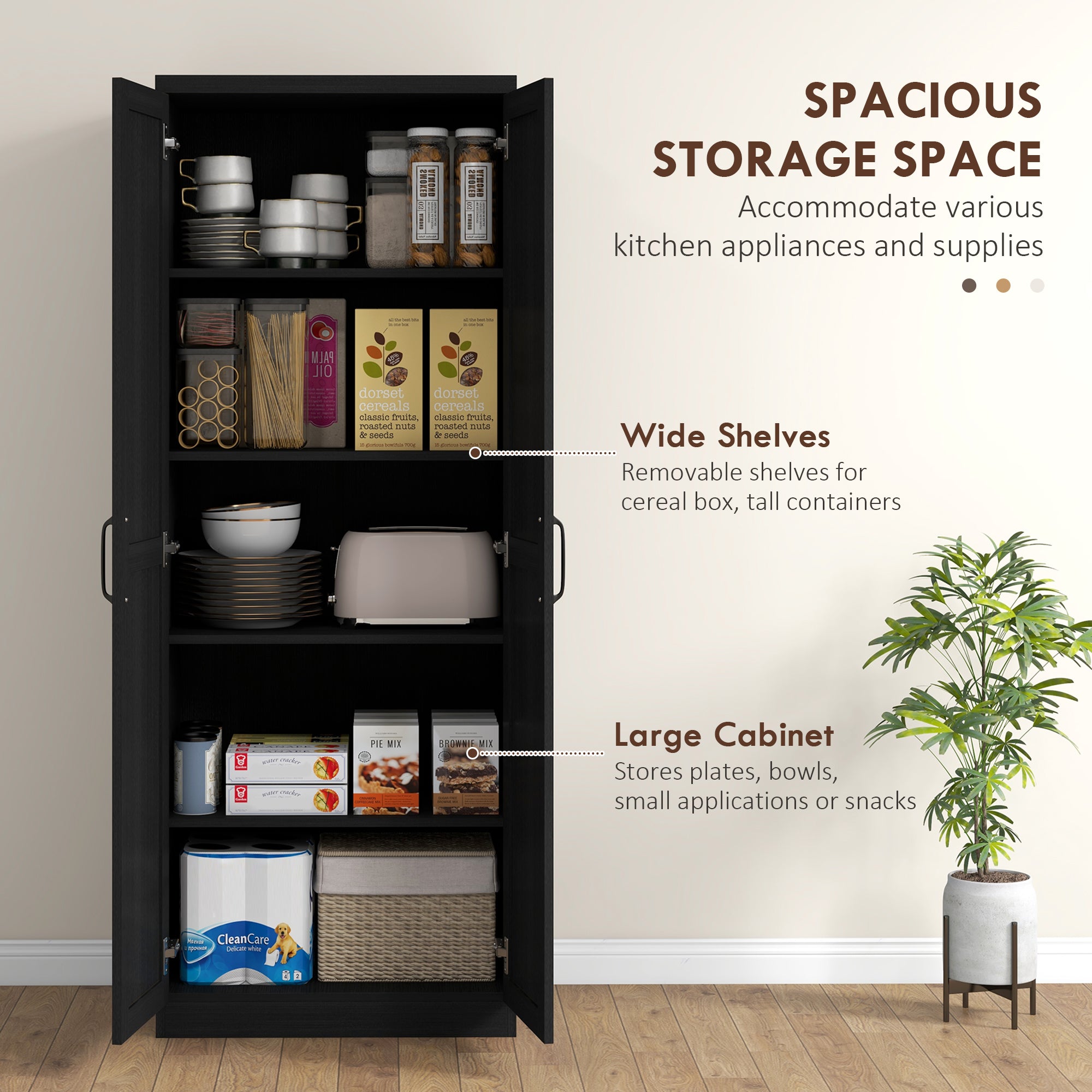 HOMCOM 63" 2-Door Kitchen Pantry, Freestanding Storage Cabinet with 5-tier Shelving and 2 Adjustable Shelves for Dining Room, Black Wood Grain