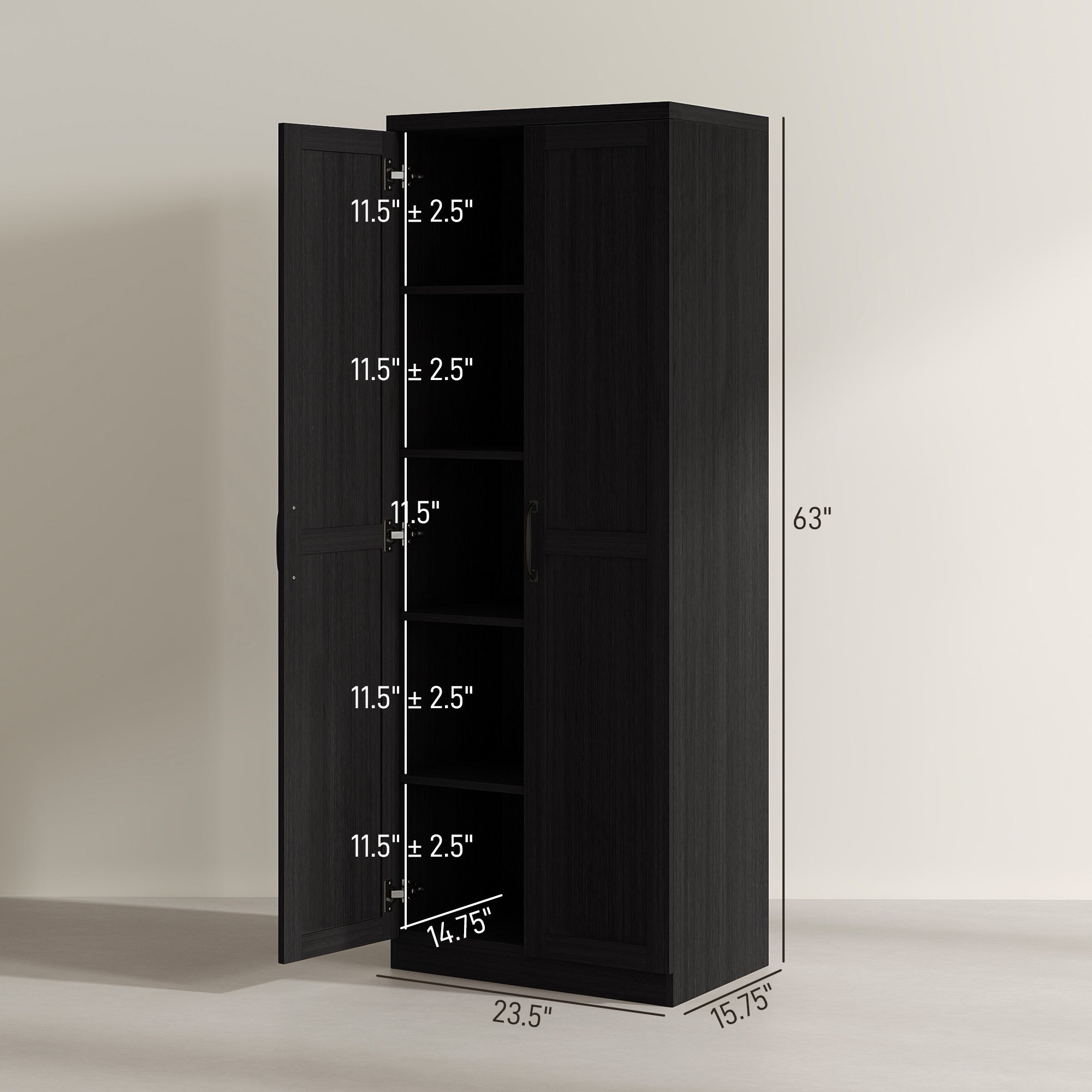 HOMCOM 63" 2-Door Kitchen Pantry, Freestanding Storage Cabinet with 5-tier Shelving and 2 Adjustable Shelves for Dining Room, Black Wood Grain