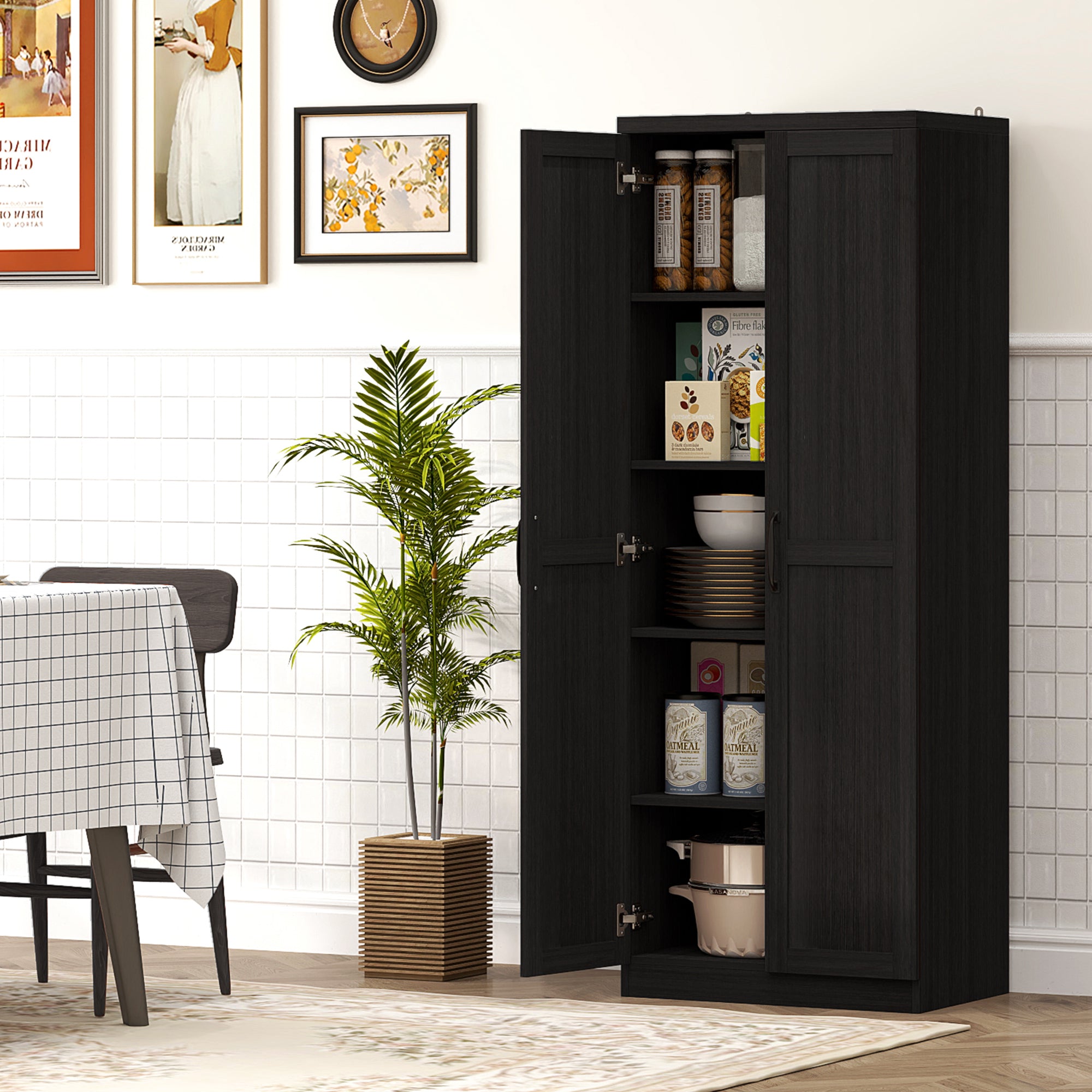HOMCOM 63" 2-Door Kitchen Pantry, Freestanding Storage Cabinet with 5-tier Shelving and 2 Adjustable Shelves for Dining Room, Black Wood Grain