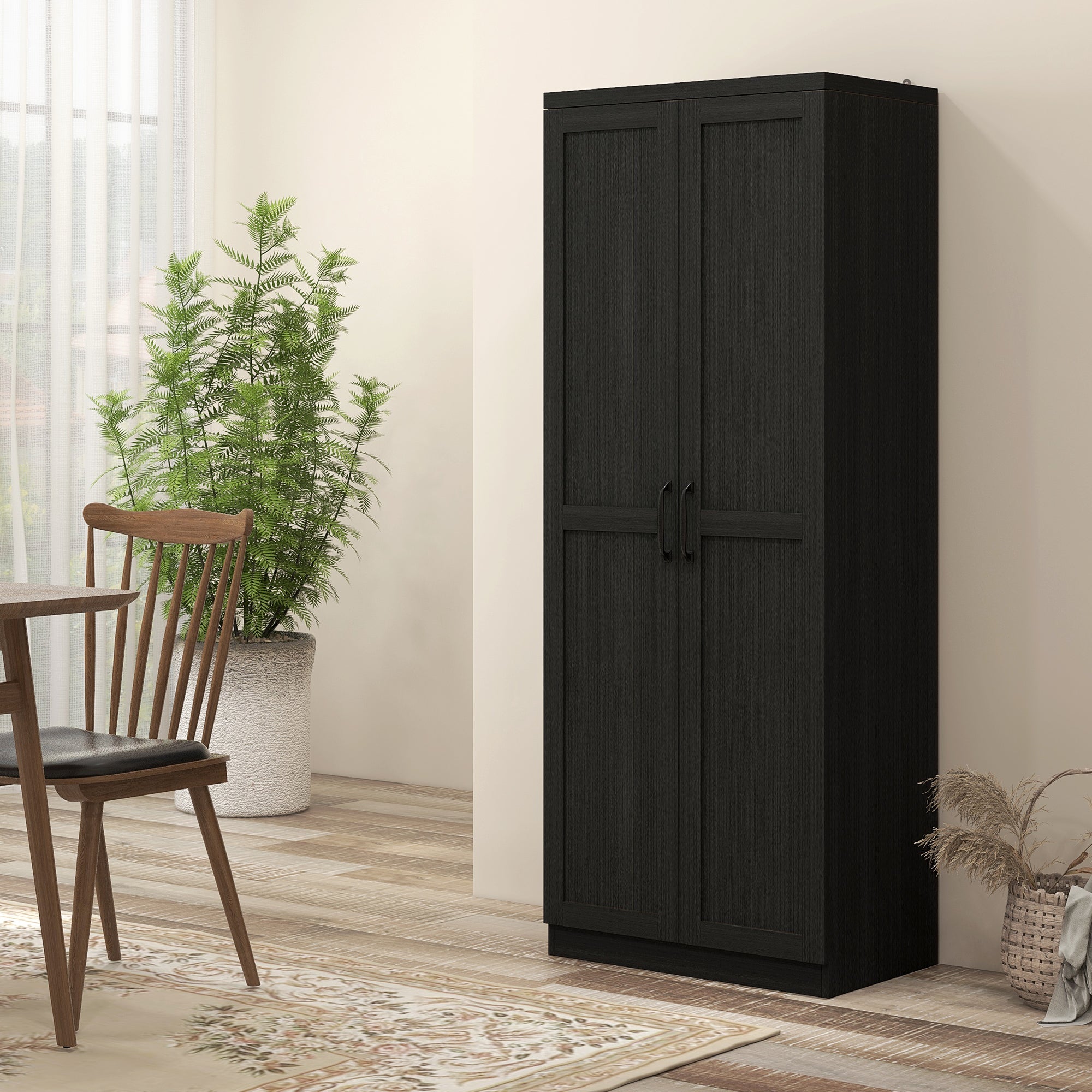HOMCOM 63" 2-Door Kitchen Pantry, Freestanding Storage Cabinet with 5-tier Shelving and 2 Adjustable Shelves for Dining Room, Black Wood Grain