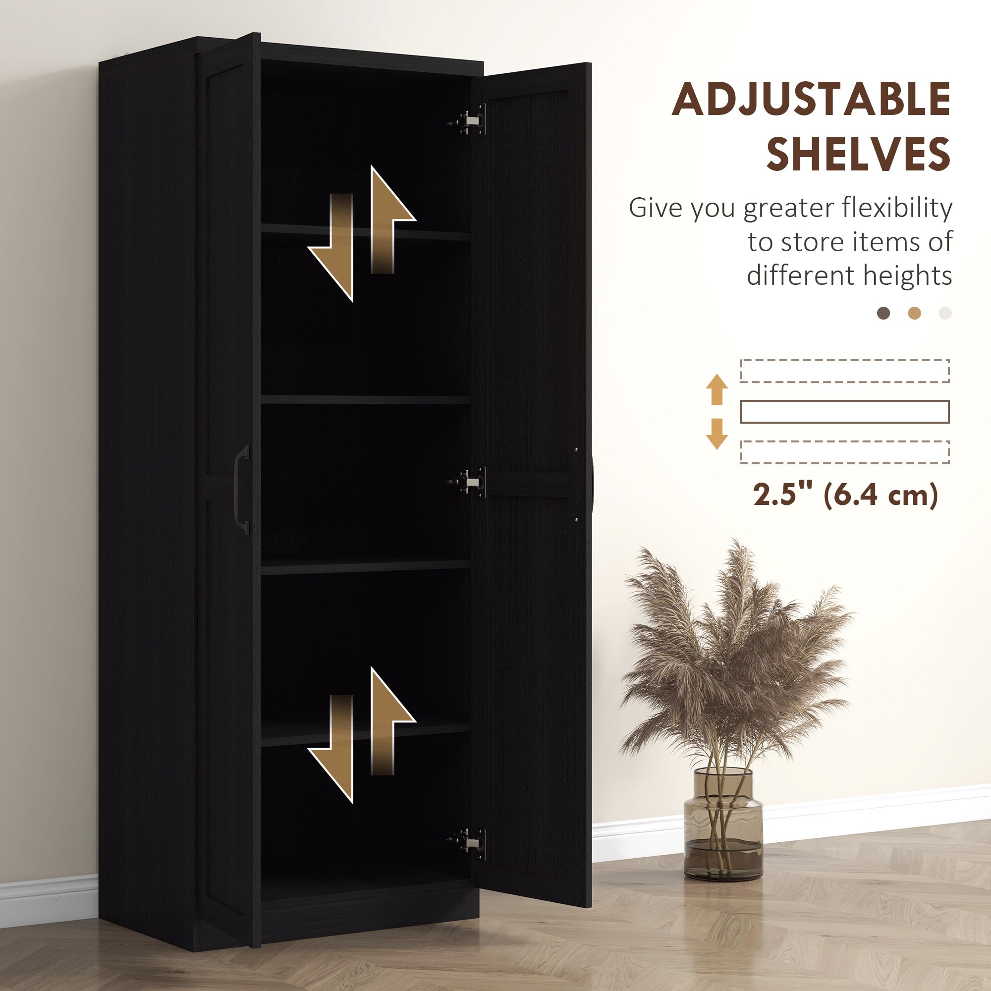 HOMCOM 63" 2-Door Kitchen Pantry, Freestanding Storage Cabinet with 5-tier Shelving and 2 Adjustable Shelves for Dining Room, Black Wood Grain