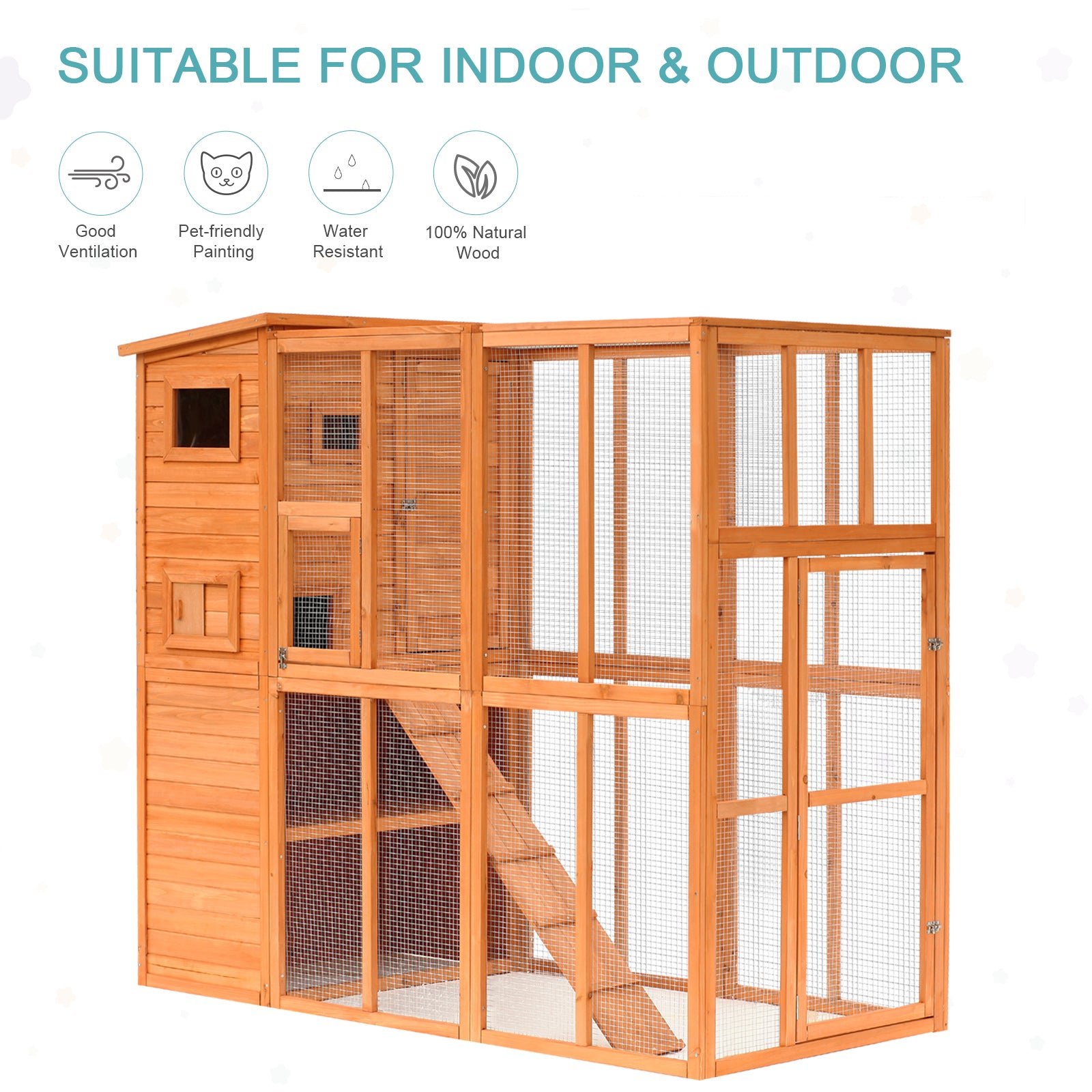 PawHut Large Catio Outdoor Cat Enclosure Weatherproof Cat House with Cat Condo, Indoor Wooden Cat Cage Pet Kennel, 77"L x 38"W x 69"H