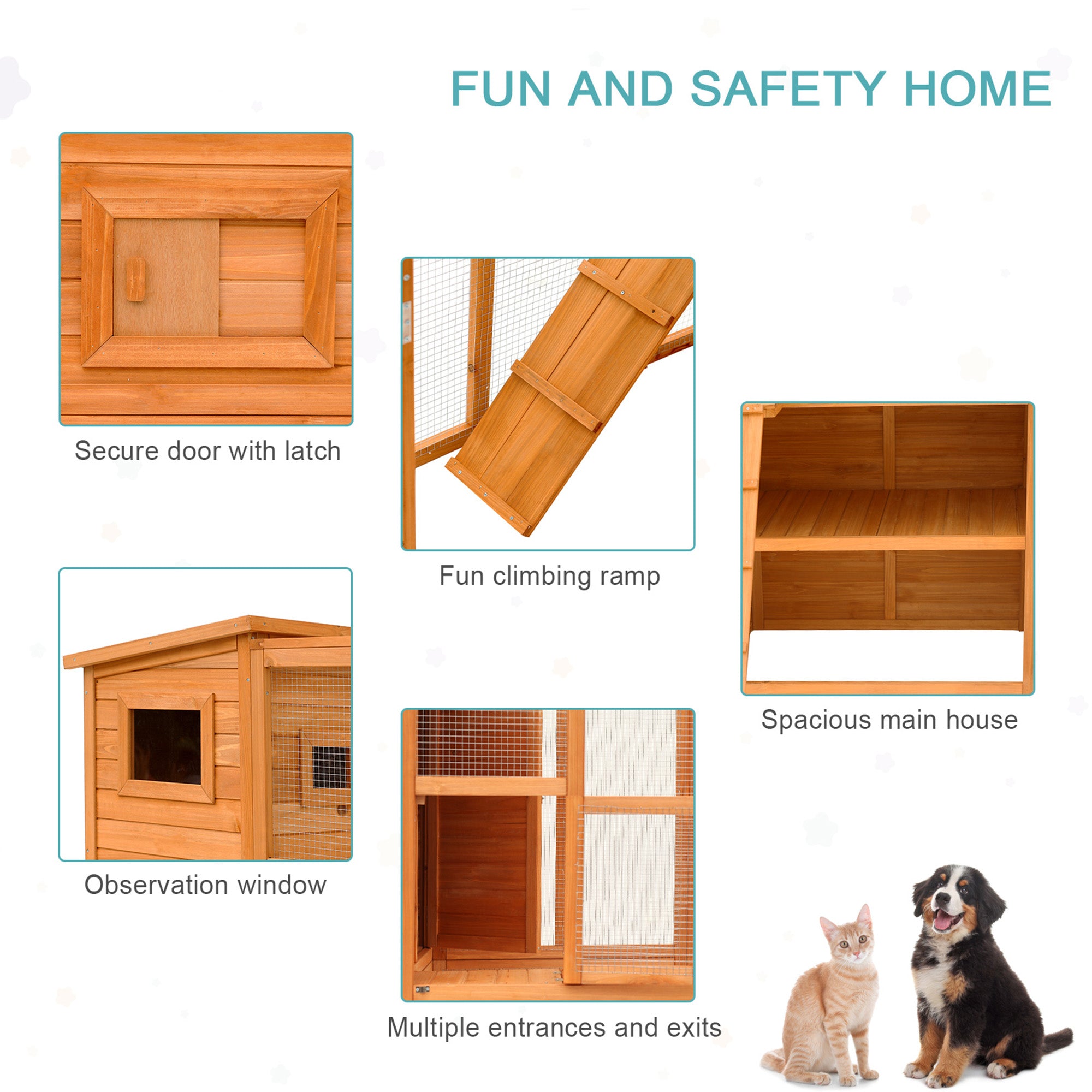 PawHut Large Catio Outdoor Cat Enclosure Weatherproof Cat House with Cat Condo, Indoor Wooden Cat Cage Pet Kennel, 77"L x 38"W x 69"H