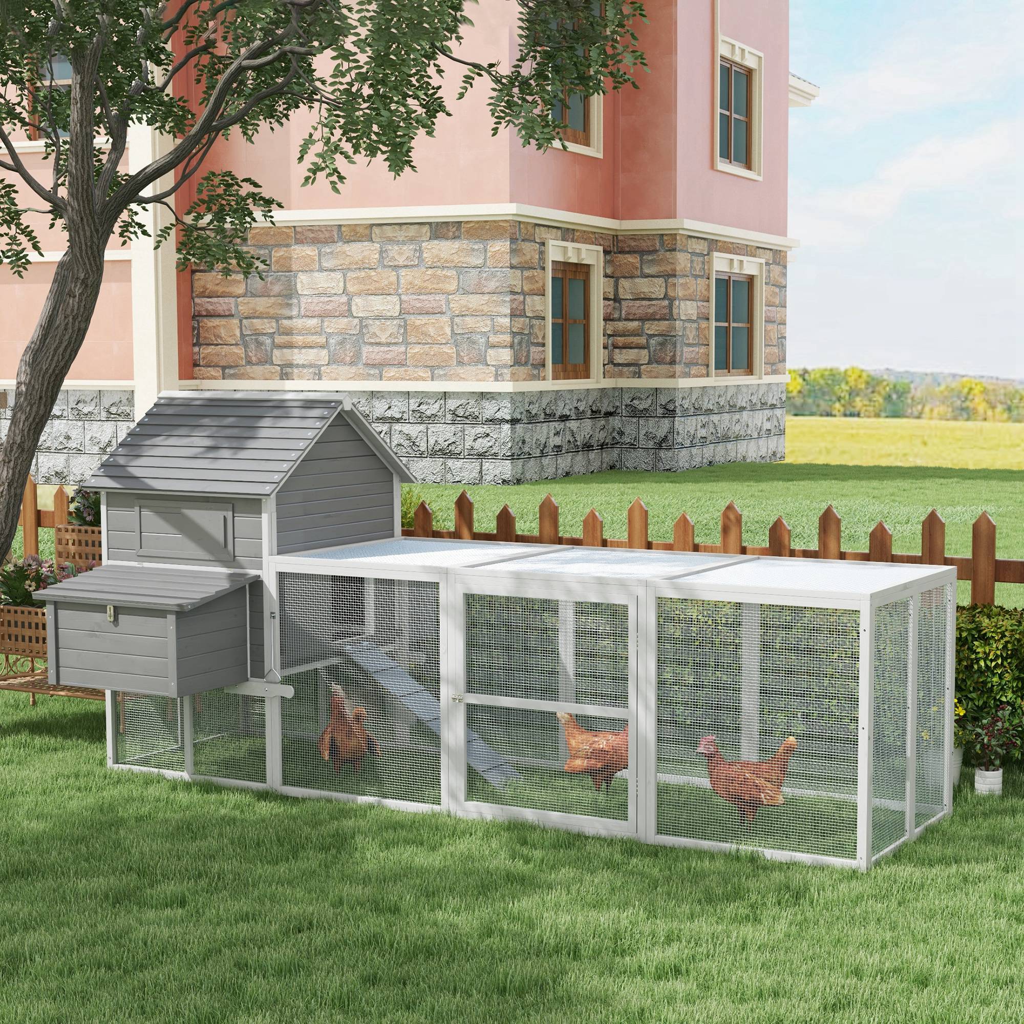 PawHut 123" Extra Large Chicken Coop, Wooden Chicken Run with Nesting Boxes, Run, Doors, Tray, Ramp for 4-6 Chickens, Rabbits, Ducks Outdoor Use, Grey