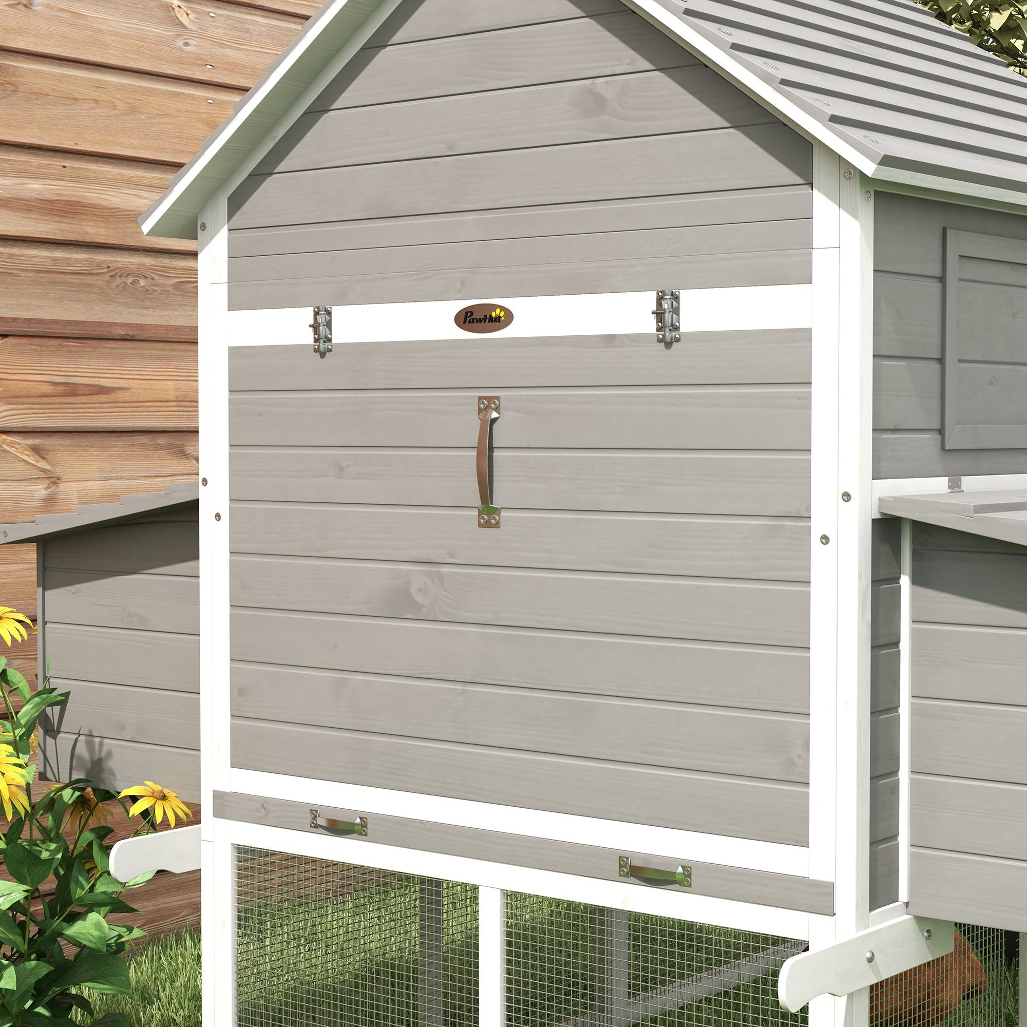 PawHut 123" Extra Large Chicken Coop, Wooden Chicken Run with Nesting Boxes, Run, Doors, Tray, Ramp for 4-6 Chickens, Rabbits, Ducks Outdoor Use, Grey