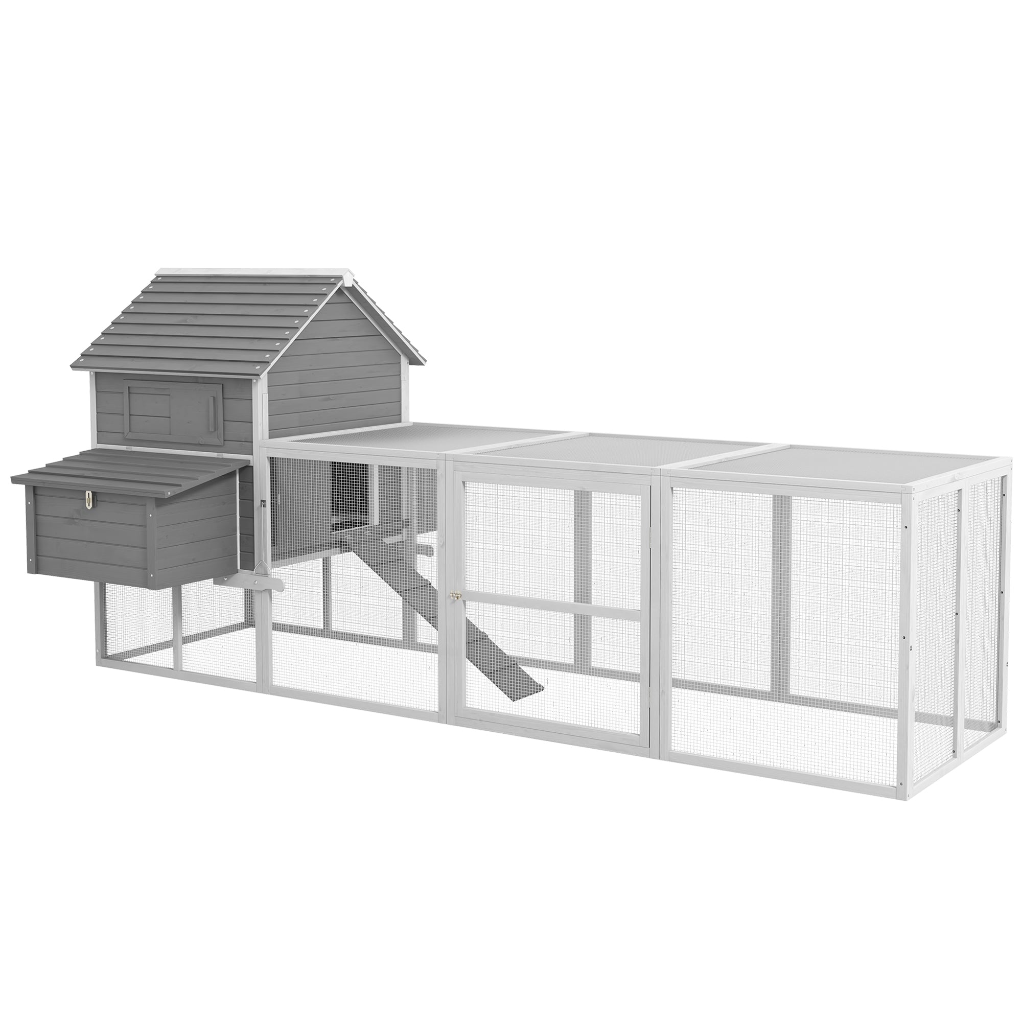 PawHut 123" Extra Large Chicken Coop, Wooden Chicken Run with Nesting Boxes, Run, Doors, Tray, Ramp for 4-6 Chickens, Rabbits, Ducks Outdoor Use, Grey