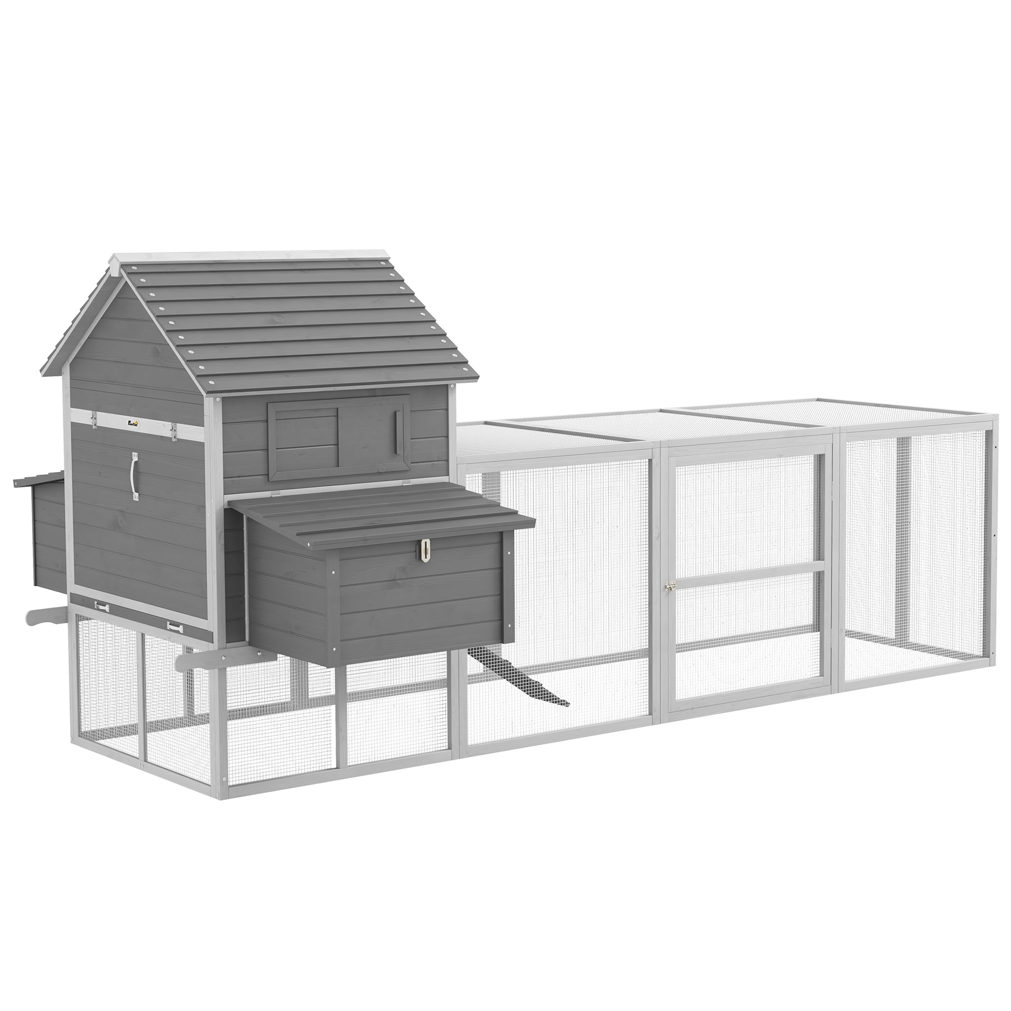 PawHut 123" Extra Large Chicken Coop, Wooden Chicken Run with Nesting Boxes, Run, Doors, Tray, Ramp for 4-6 Chickens, Rabbits, Ducks Outdoor Use, Grey