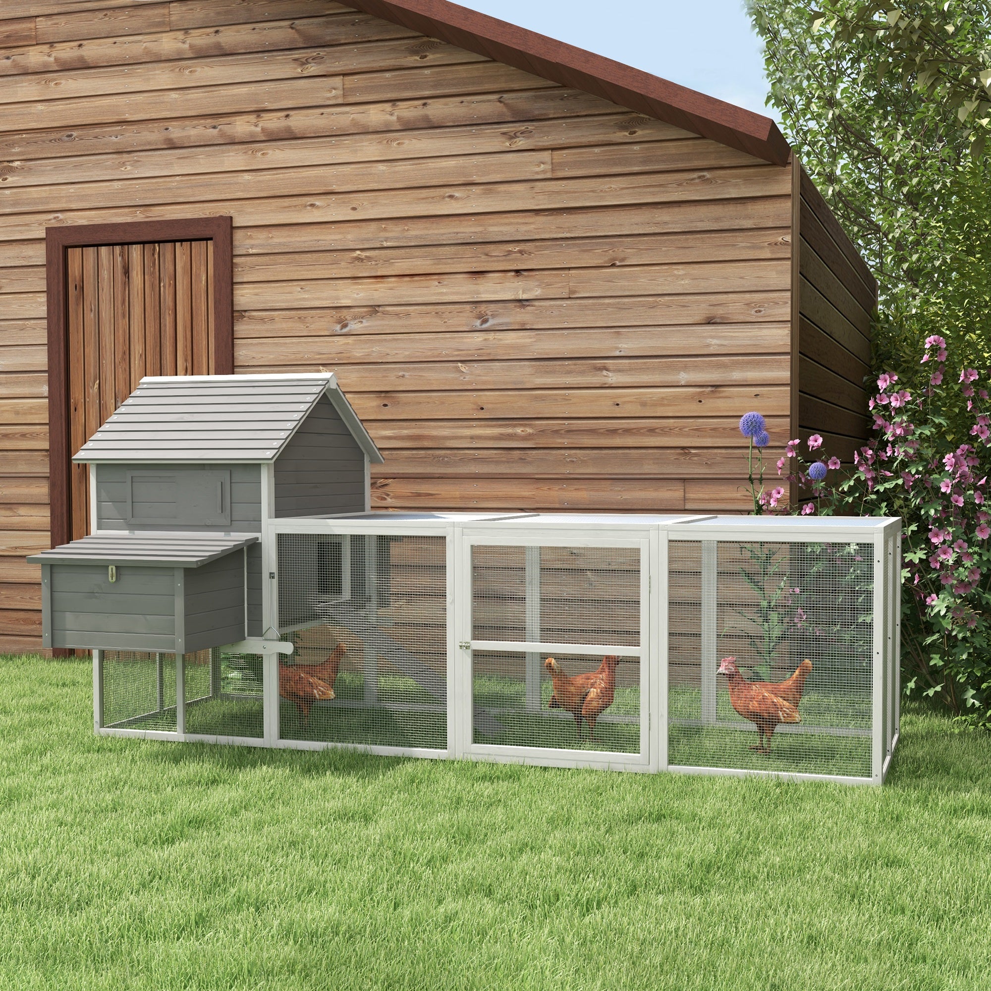 PawHut 123" Extra Large Chicken Coop, Wooden Chicken Run with Nesting Boxes, Run, Doors, Tray, Ramp for 4-6 Chickens, Rabbits, Ducks Outdoor Use, Grey