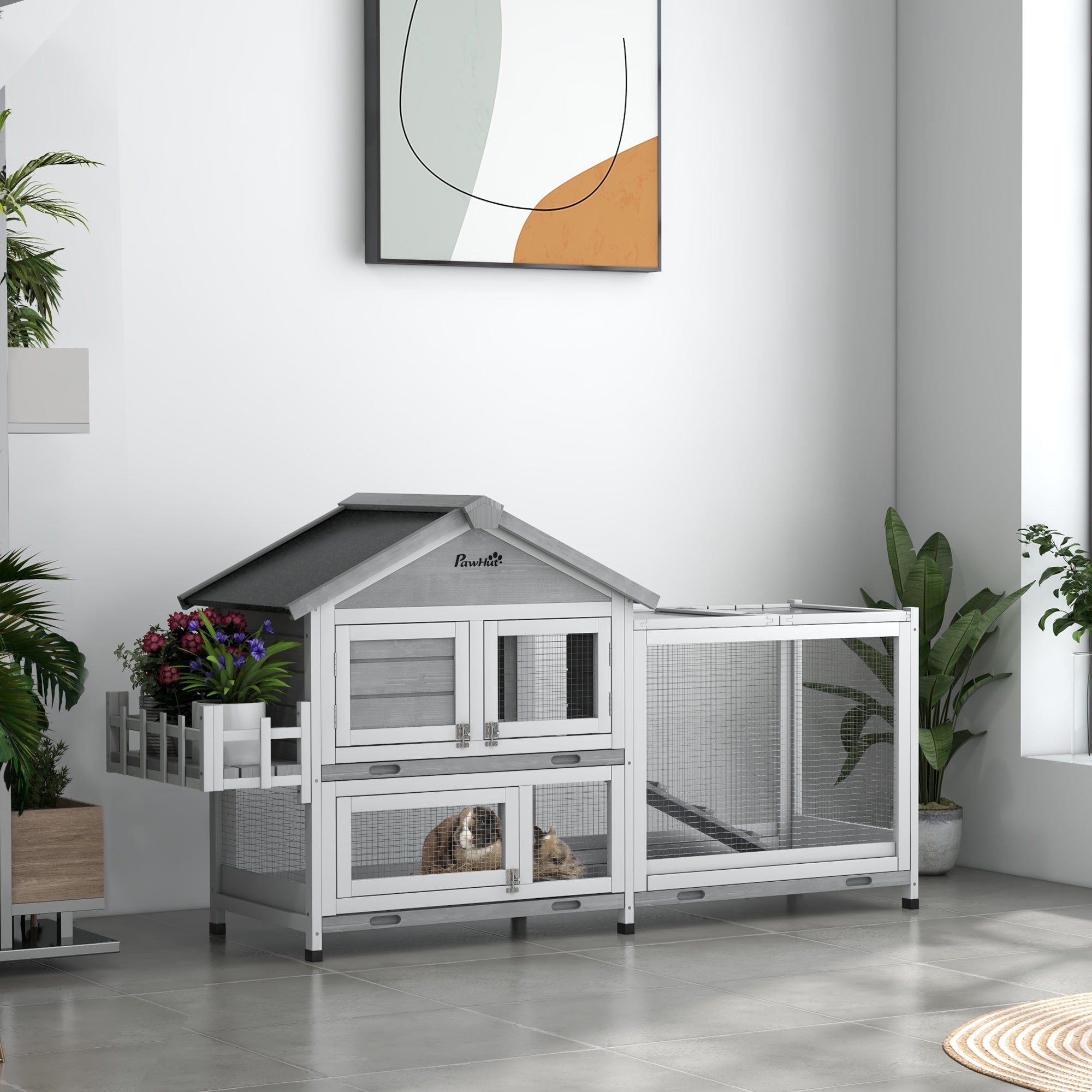 PawHut 65" Wooden Rabbit Hutch, Pet Playpen with Openable Roof, Bunny House Enclosure with Storage Box, Slide-out Tray, Ramp, for Rabbits and Small Animals, Grey