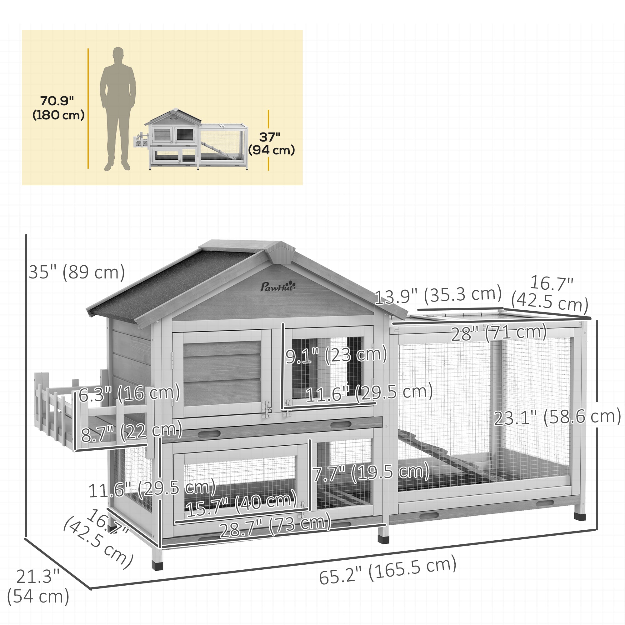 PawHut 65" Wooden Rabbit Hutch, Pet Playpen with Openable Roof, Bunny House Enclosure with Storage Box, Slide-out Tray, Ramp, for Rabbits and Small Animals, Grey