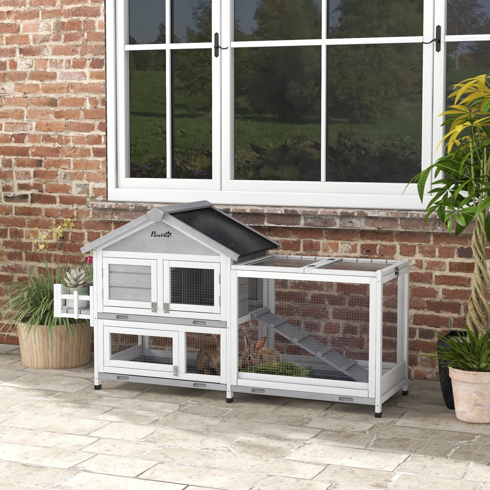 PawHut 65" Wooden Rabbit Hutch, Pet Playpen with Openable Roof, Bunny House Enclosure with Storage Box, Slide-out Tray, Ramp, for Rabbits and Small Animals, Grey