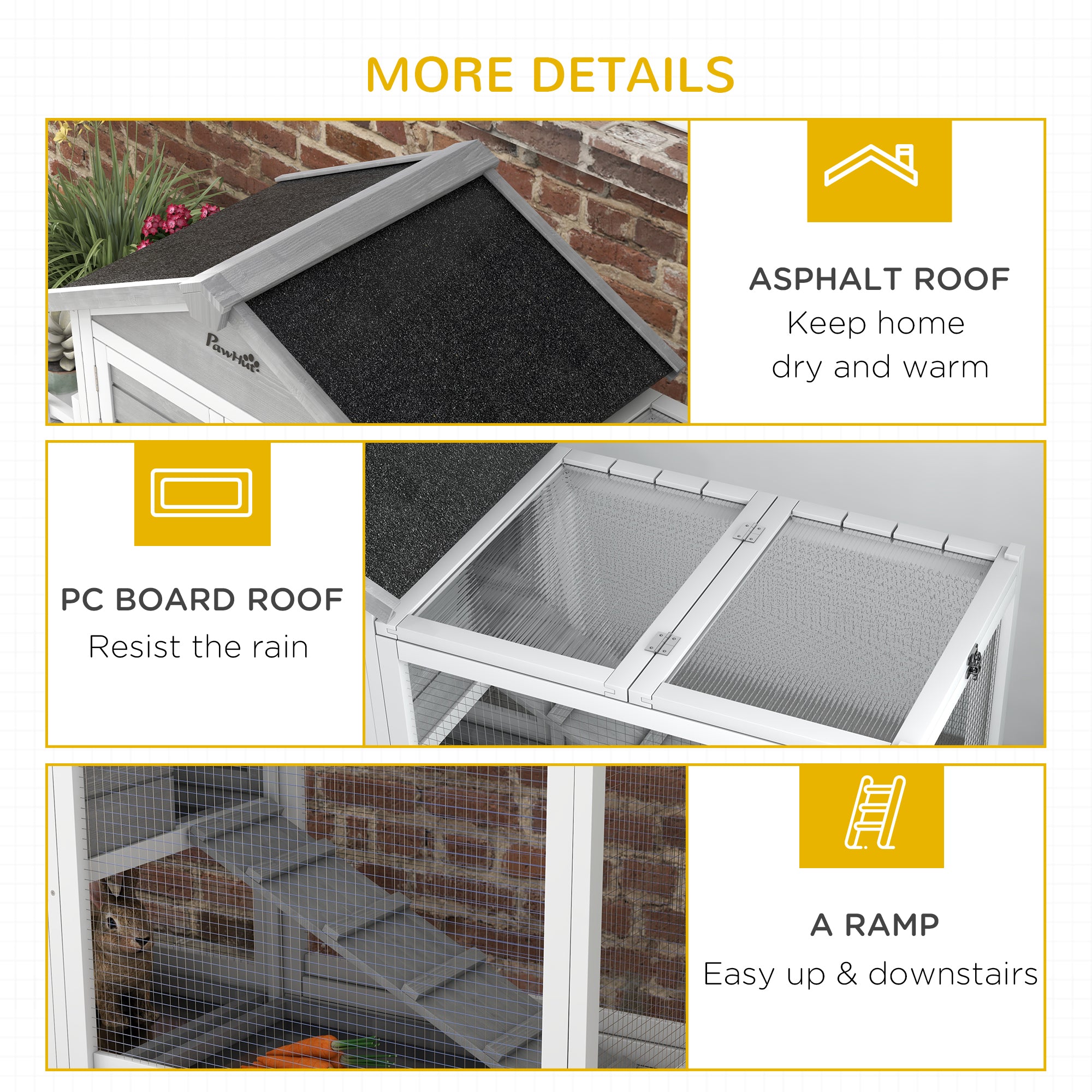 PawHut 65" Wooden Rabbit Hutch, Pet Playpen with Openable Roof, Bunny House Enclosure with Storage Box, Slide-out Tray, Ramp, for Rabbits and Small Animals, Grey