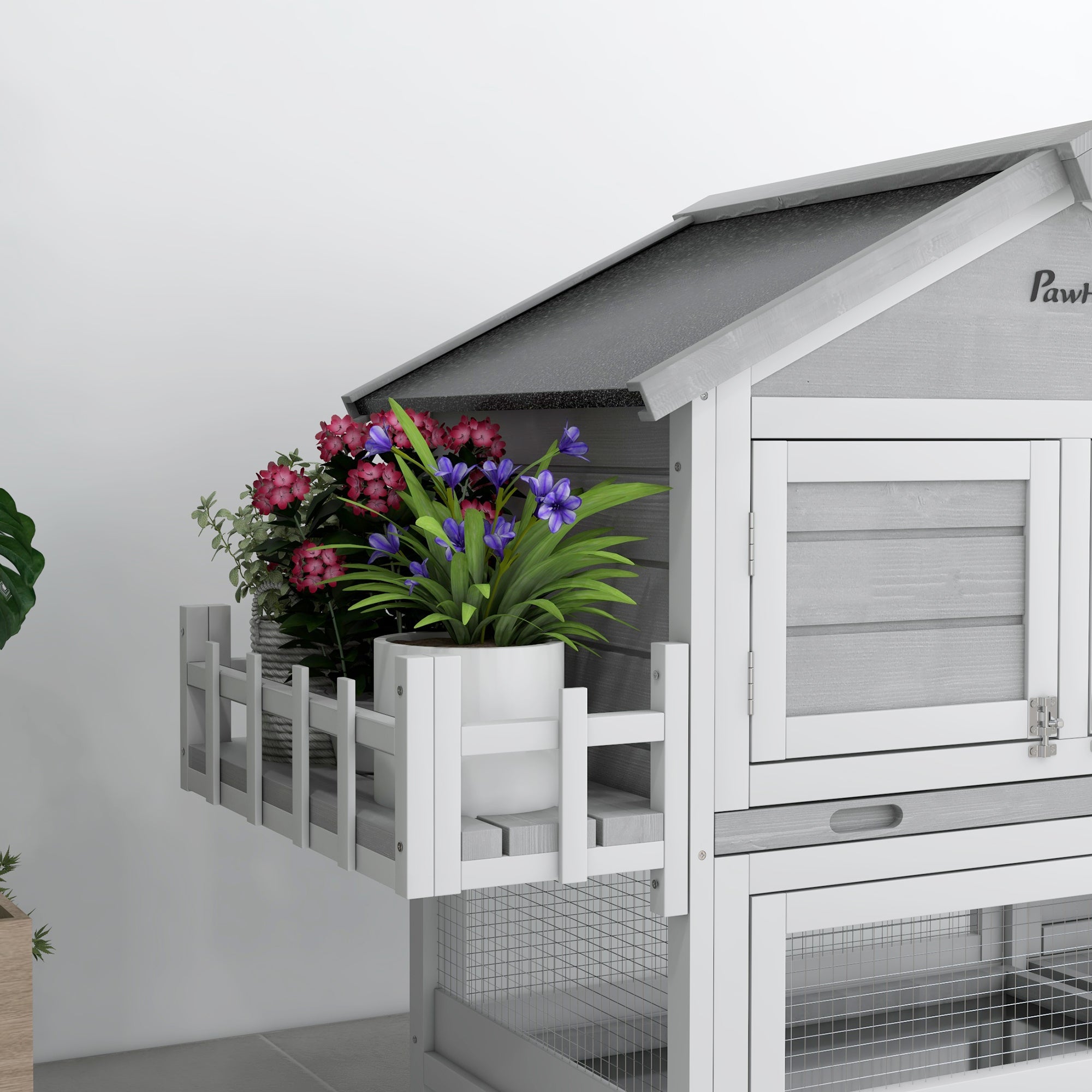 PawHut 65" Wooden Rabbit Hutch, Pet Playpen with Openable Roof, Bunny House Enclosure with Storage Box, Slide-out Tray, Ramp, for Rabbits and Small Animals, Grey