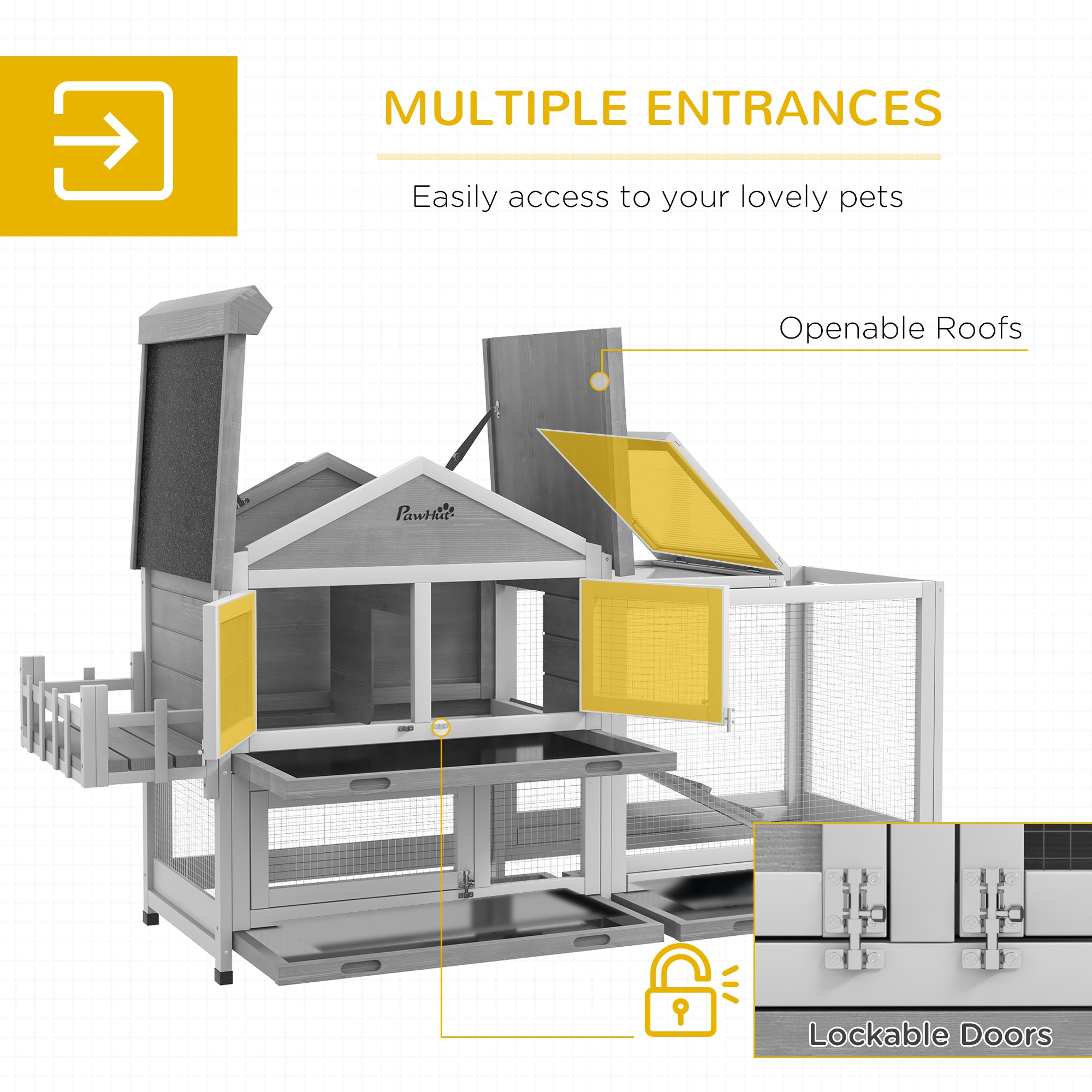 PawHut 65" Wooden Rabbit Hutch, Pet Playpen with Openable Roof, Bunny House Enclosure with Storage Box, Slide-out Tray, Ramp, for Rabbits and Small Animals, Grey