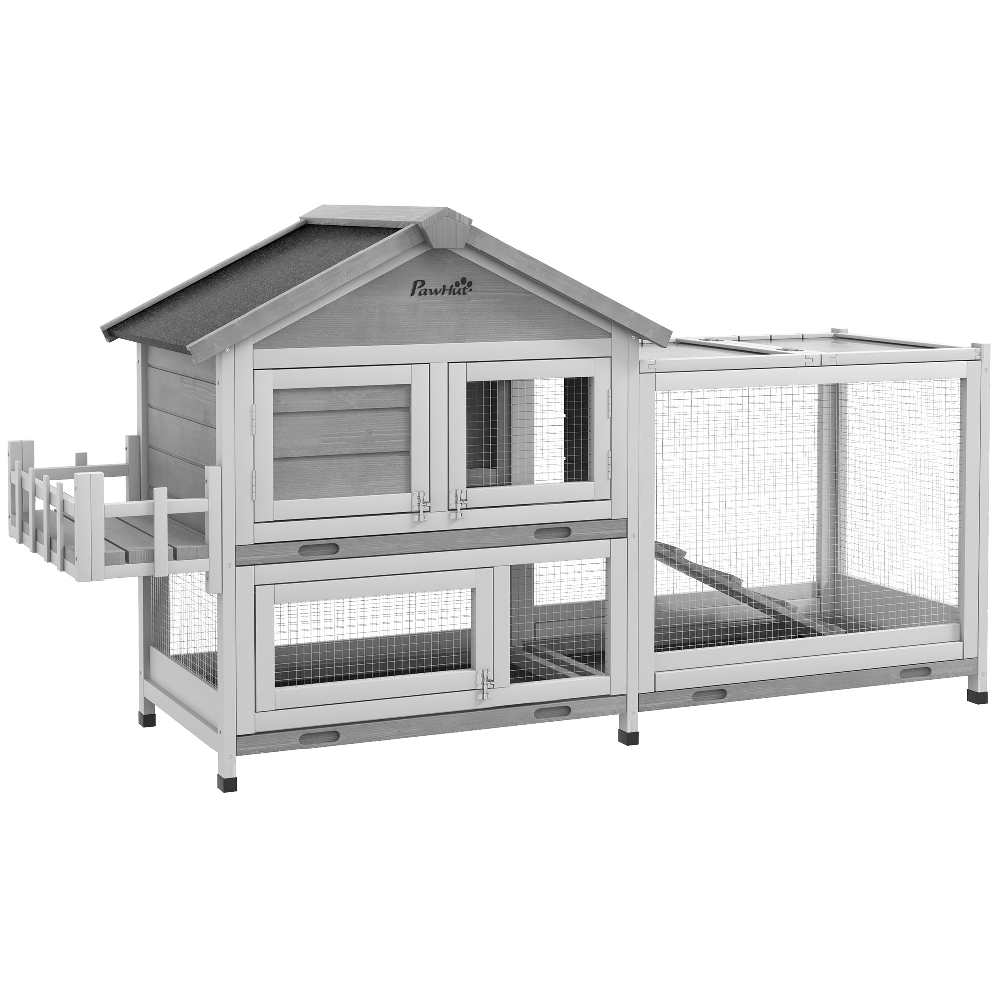 PawHut 65" Wooden Rabbit Hutch, Pet Playpen with Openable Roof, Bunny House Enclosure with Storage Box, Slide-out Tray, Ramp, for Rabbits and Small Animals, Grey