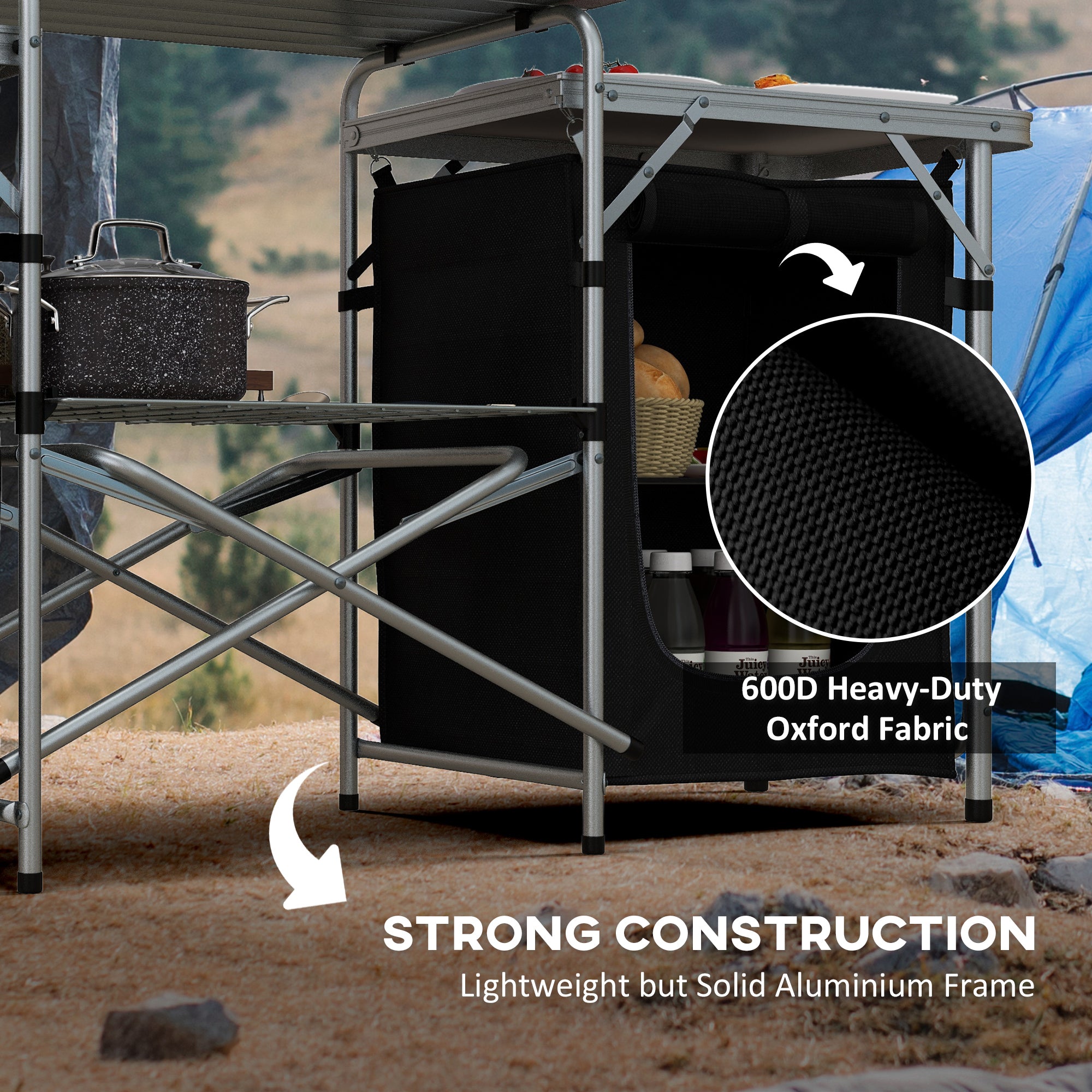Outsunny Camping Kitchen, Folding Camping Table Storage Unit with Windshield, Cupboards and Carrying Bag, Aluminum Frame, for BBQ Camp Party Picnic