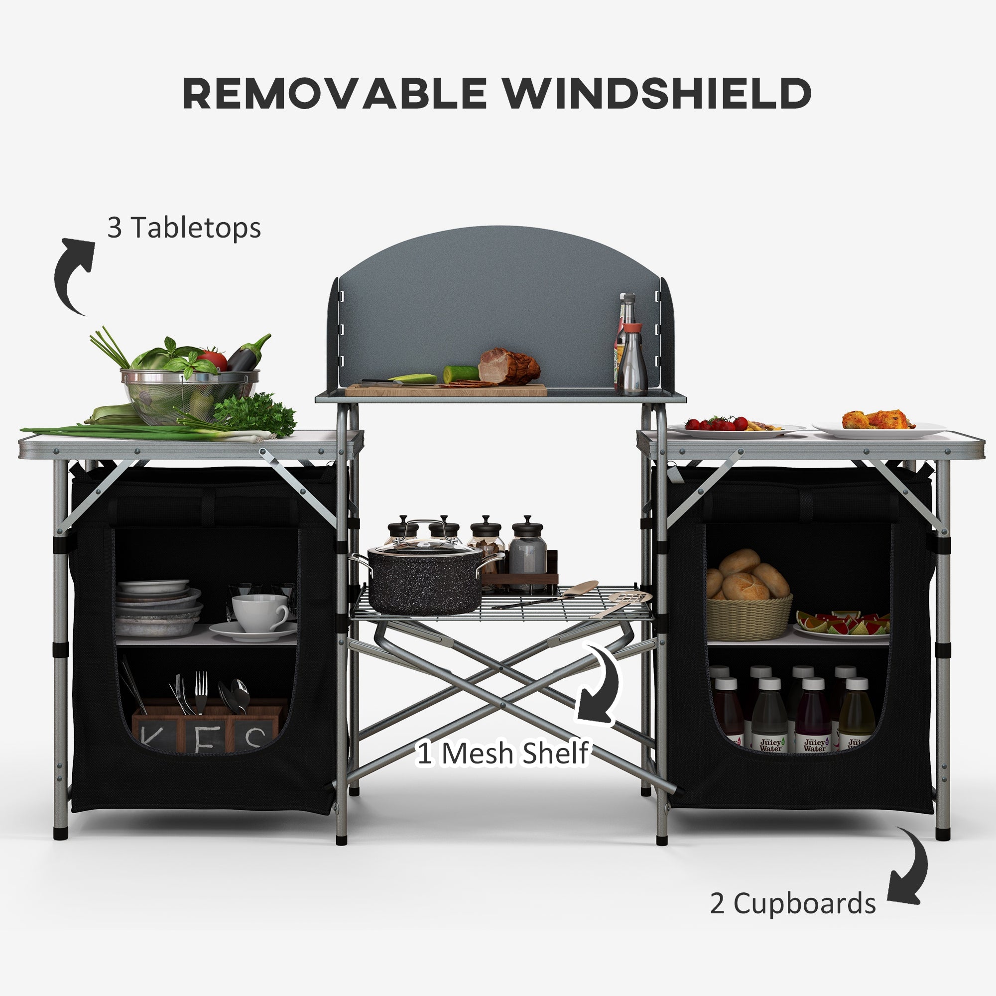 Outsunny Camping Kitchen, Folding Camping Table Storage Unit with Windshield, Cupboards and Carrying Bag, Aluminum Frame, for BBQ Camp Party Picnic