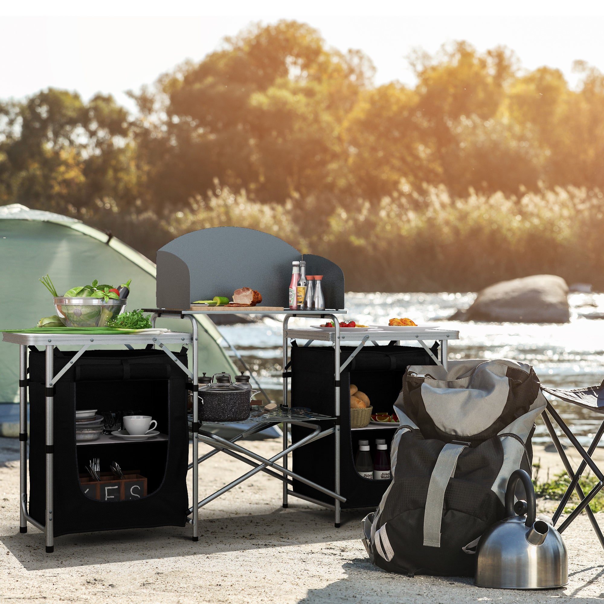 Outsunny Camping Kitchen, Folding Camping Table Storage Unit with Windshield, Cupboards and Carrying Bag, Aluminum Frame, for BBQ Camp Party Picnic