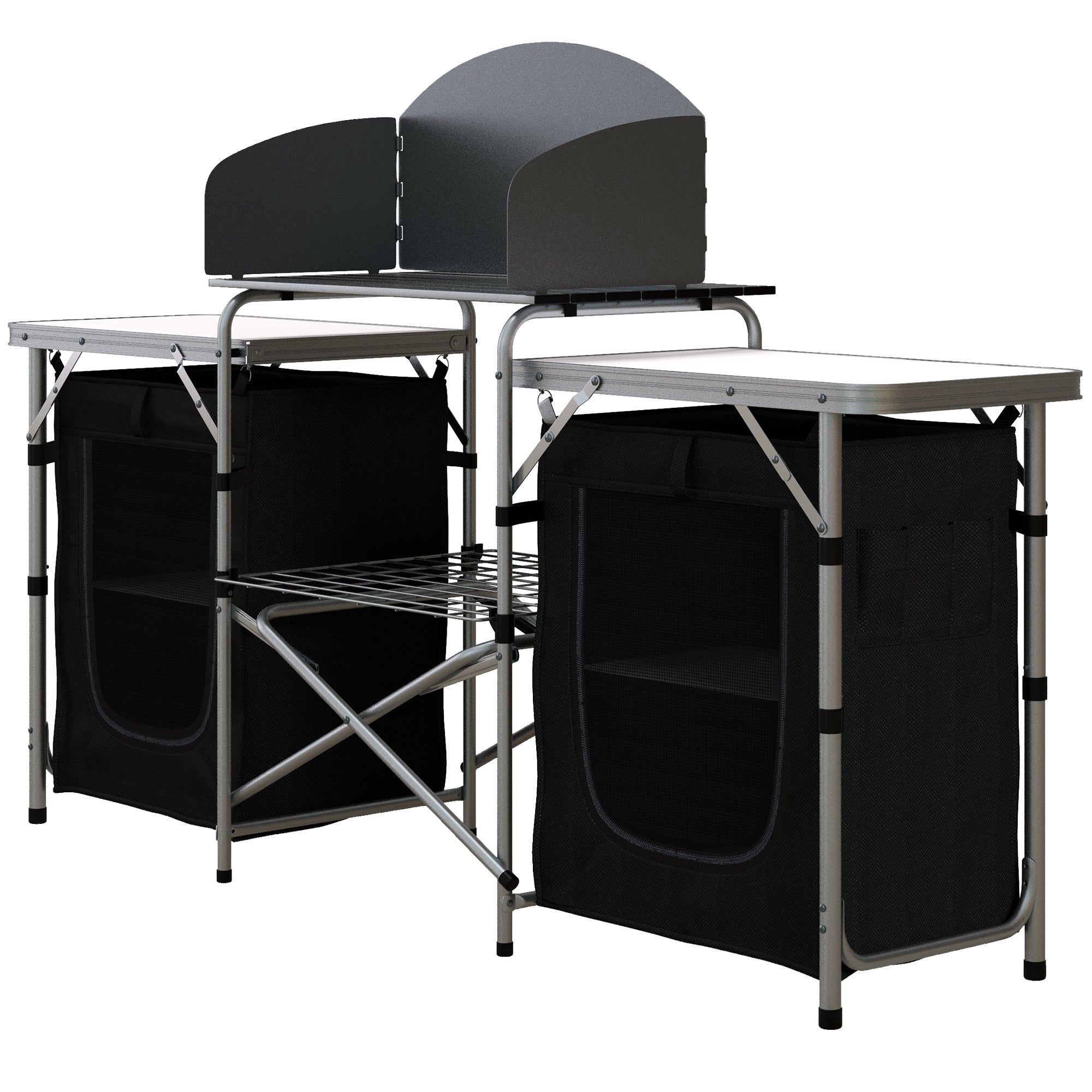 Outsunny Camping Kitchen, Folding Camping Table Storage Unit with Windshield, Cupboards and Carrying Bag, Aluminum Frame, for BBQ Camp Party Picnic