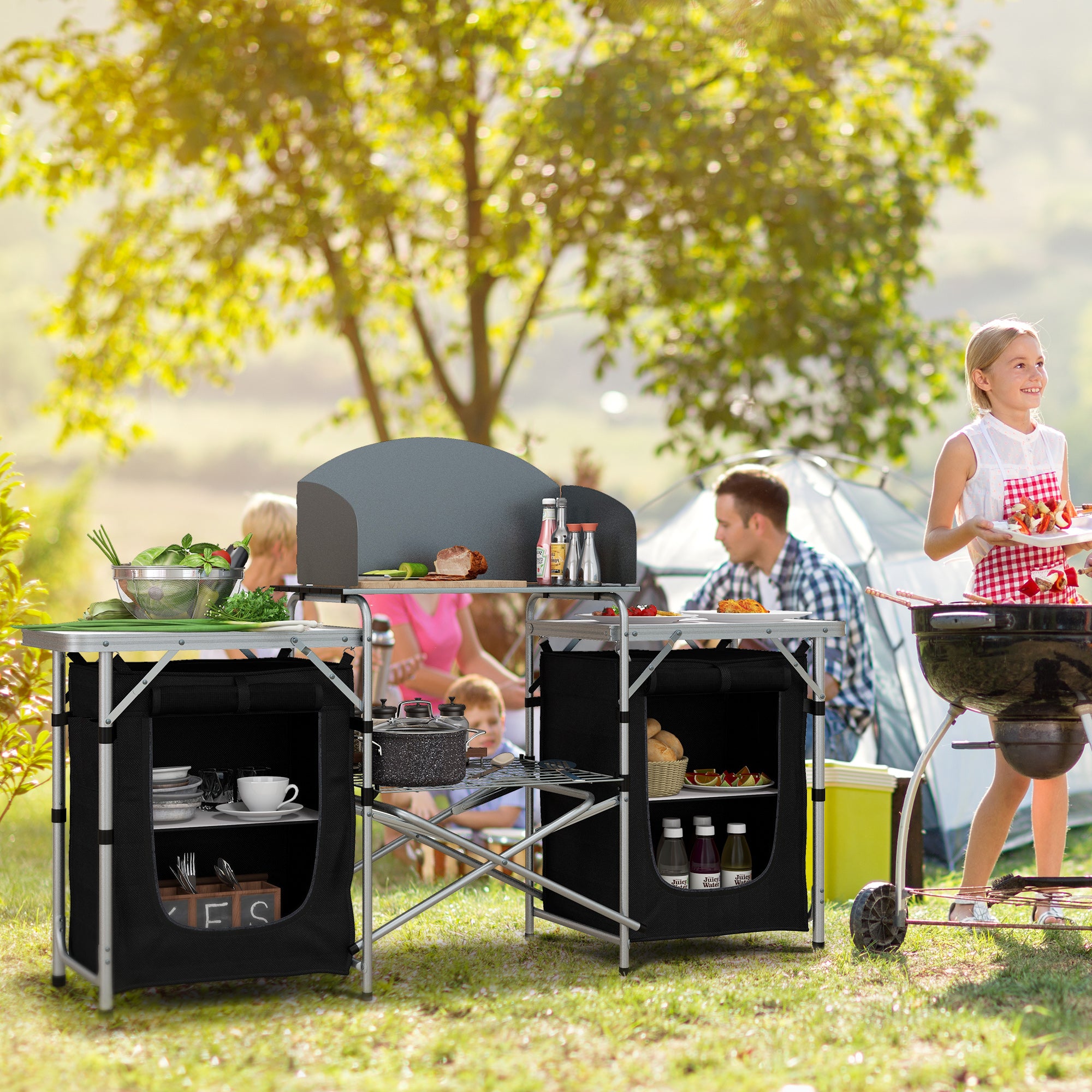 Outsunny Camping Kitchen, Folding Camping Table Storage Unit with Windshield, Cupboards and Carrying Bag, Aluminum Frame, for BBQ Camp Party Picnic