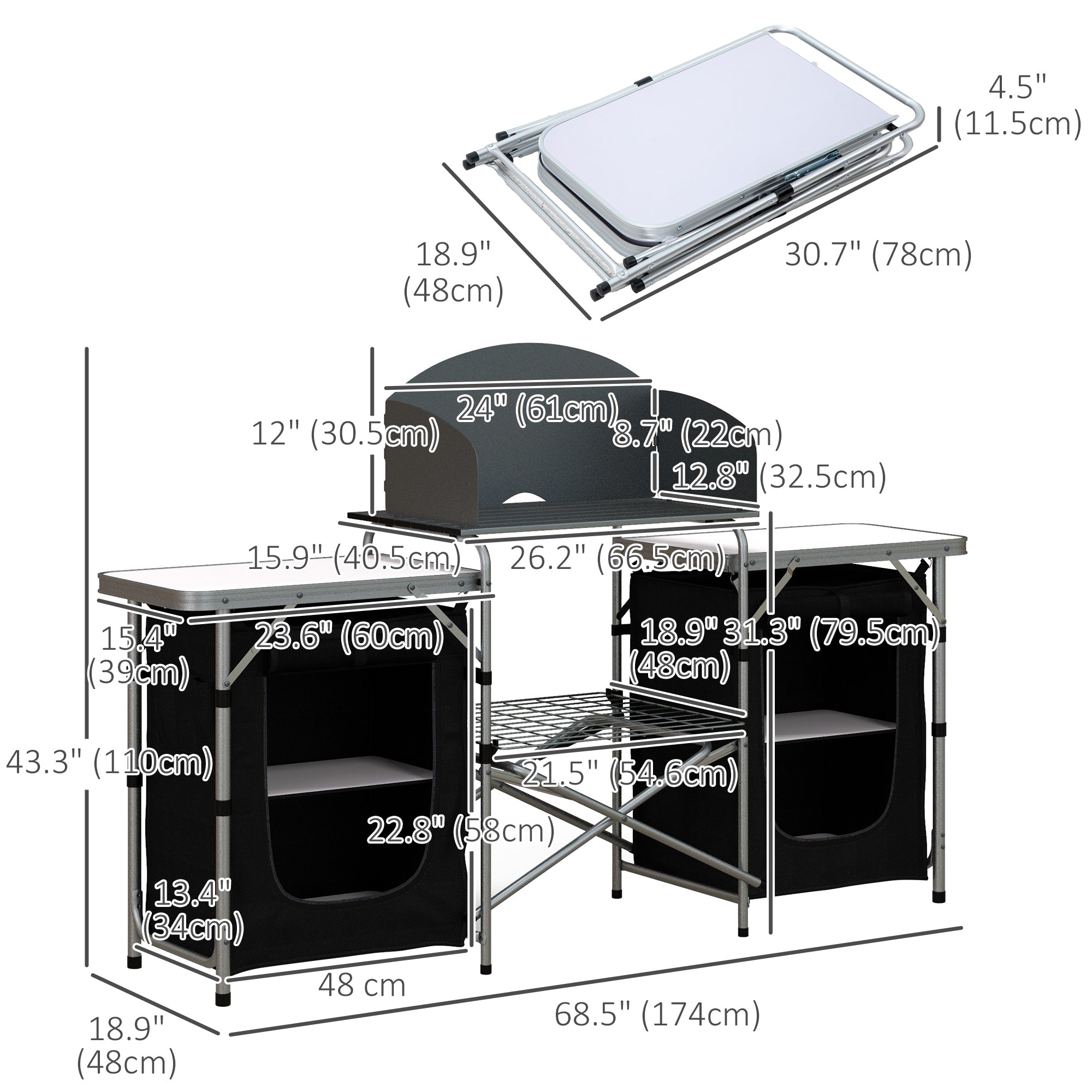 Outsunny Camping Kitchen, Folding Camping Table Storage Unit with Windshield, Cupboards and Carrying Bag, Aluminum Frame, for BBQ Camp Party Picnic