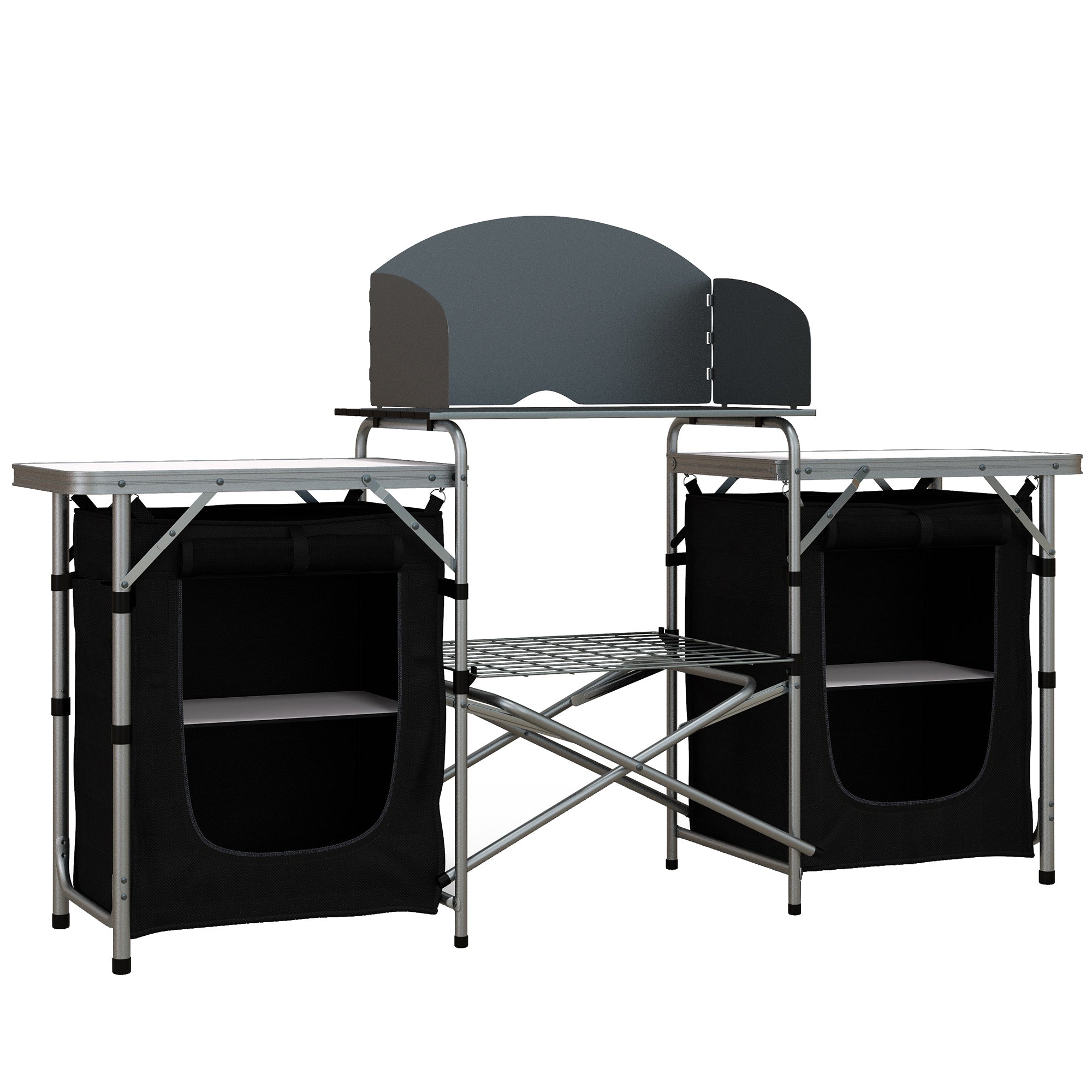Outsunny Camping Kitchen, Folding Camping Table Storage Unit with Windshield, Cupboards and Carrying Bag, Aluminum Frame, for BBQ Camp Party Picnic