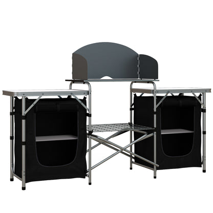Outsunny Camping Kitchen, Folding Camping Table Storage Unit with Windshield, Cupboards and Carrying Bag, Aluminum Frame, for BBQ Camp Party Picnic