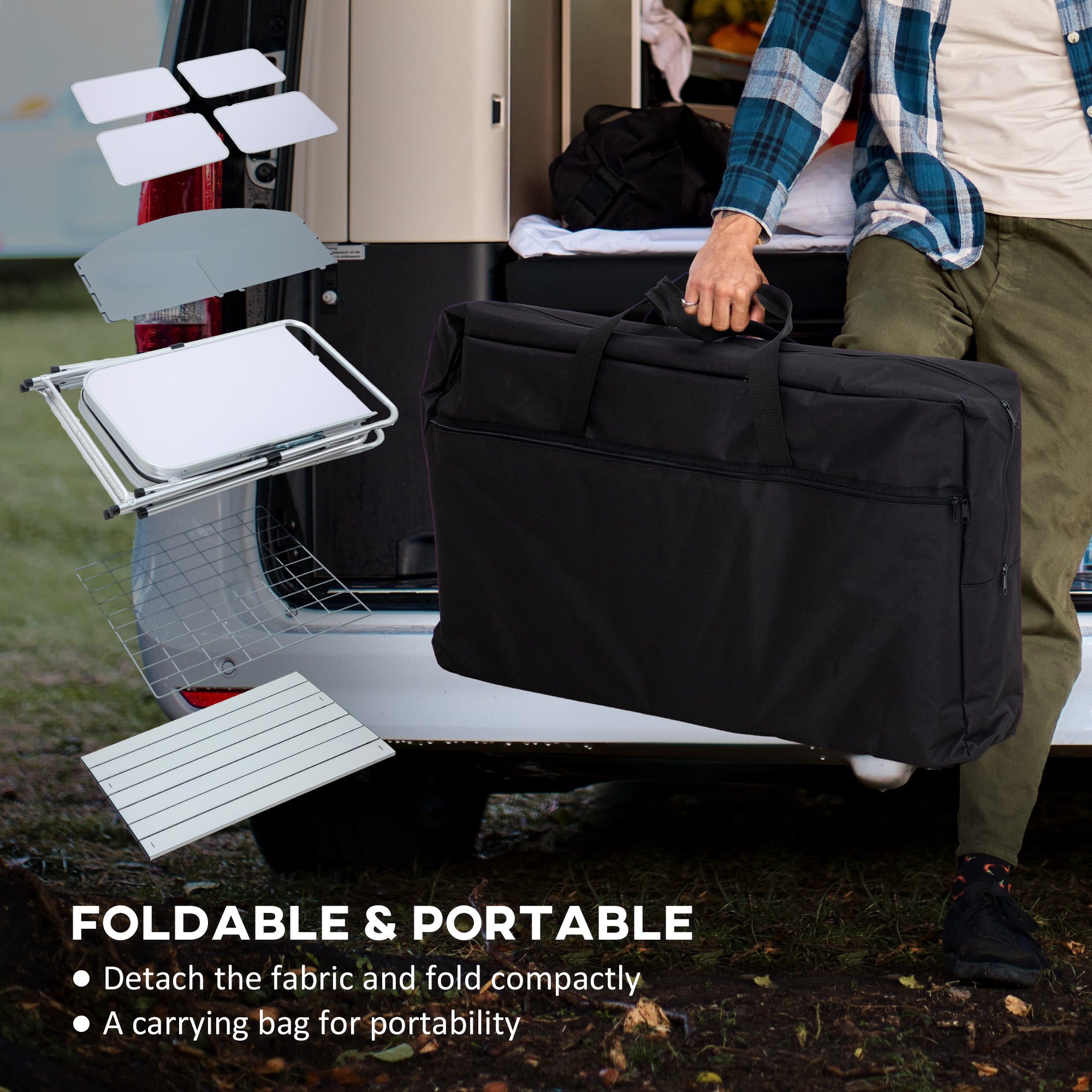 Outsunny Camping Kitchen, Folding Camping Table Storage Unit with Windshield, Cupboards and Carrying Bag, Aluminum Frame, for BBQ Camp Party Picnic