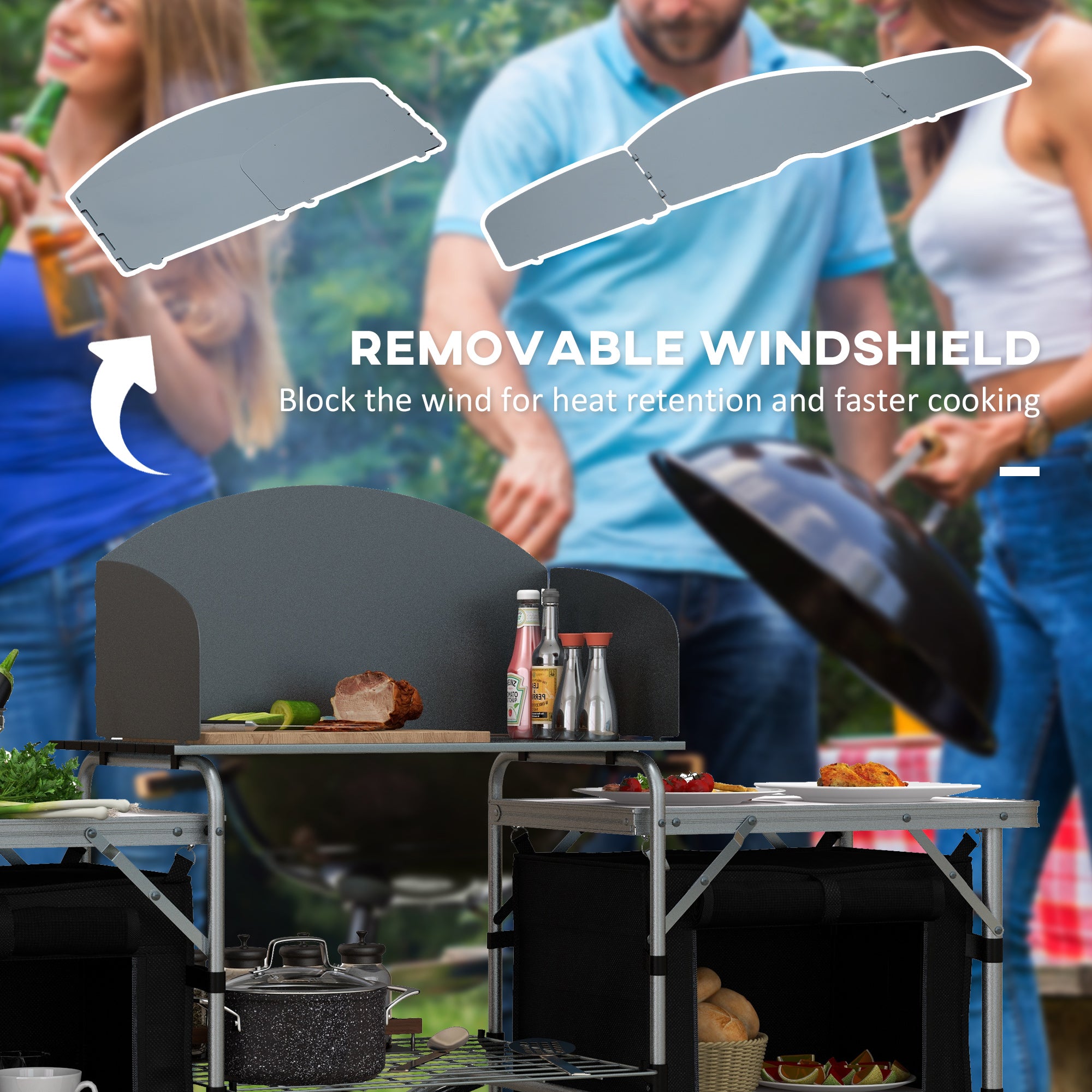 Outsunny Camping Kitchen, Folding Camping Table Storage Unit with Windshield, Cupboards and Carrying Bag, Aluminum Frame, for BBQ Camp Party Picnic