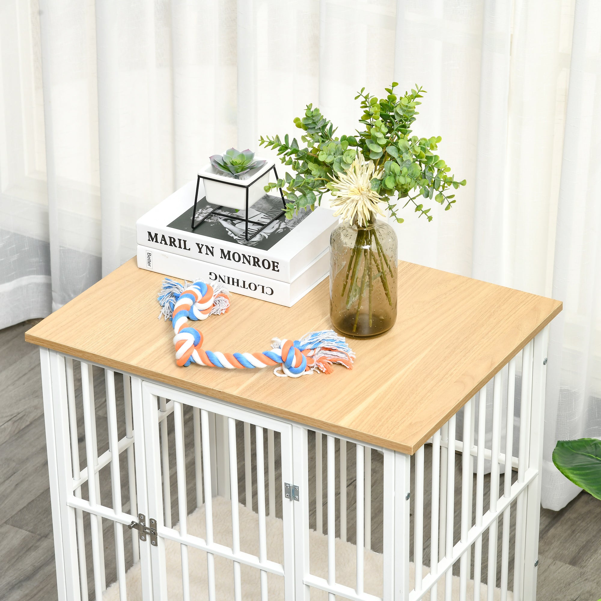 PawHut Dog Crate, Furniture Style Pet Cage Kennel, End Table, Decorative Dog House, with Soft Cushion, Wooden Top, Door, for Small Dogs, Indoor Use, Oak