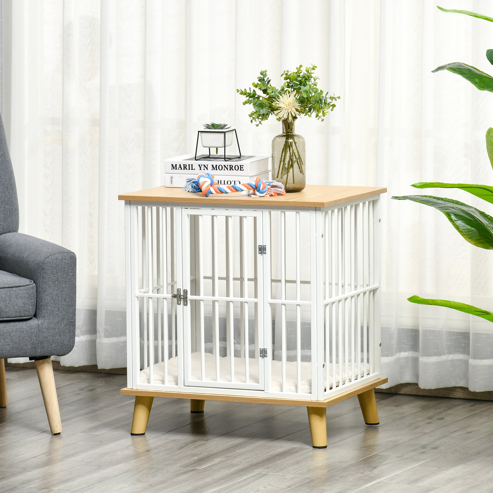 PawHut Dog Crate, Furniture Style Pet Cage Kennel, End Table, Decorative Dog House, with Soft Cushion, Wooden Top, Door, for Small Dogs, Indoor Use, Oak