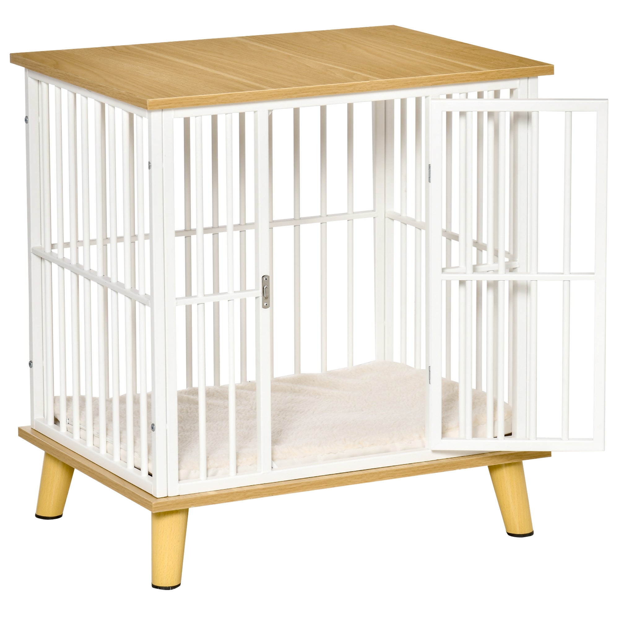 PawHut Dog Crate, Furniture Style Pet Cage Kennel, End Table, Decorative Dog House, with Soft Cushion, Wooden Top, Door, for Small Dogs, Indoor Use, Oak