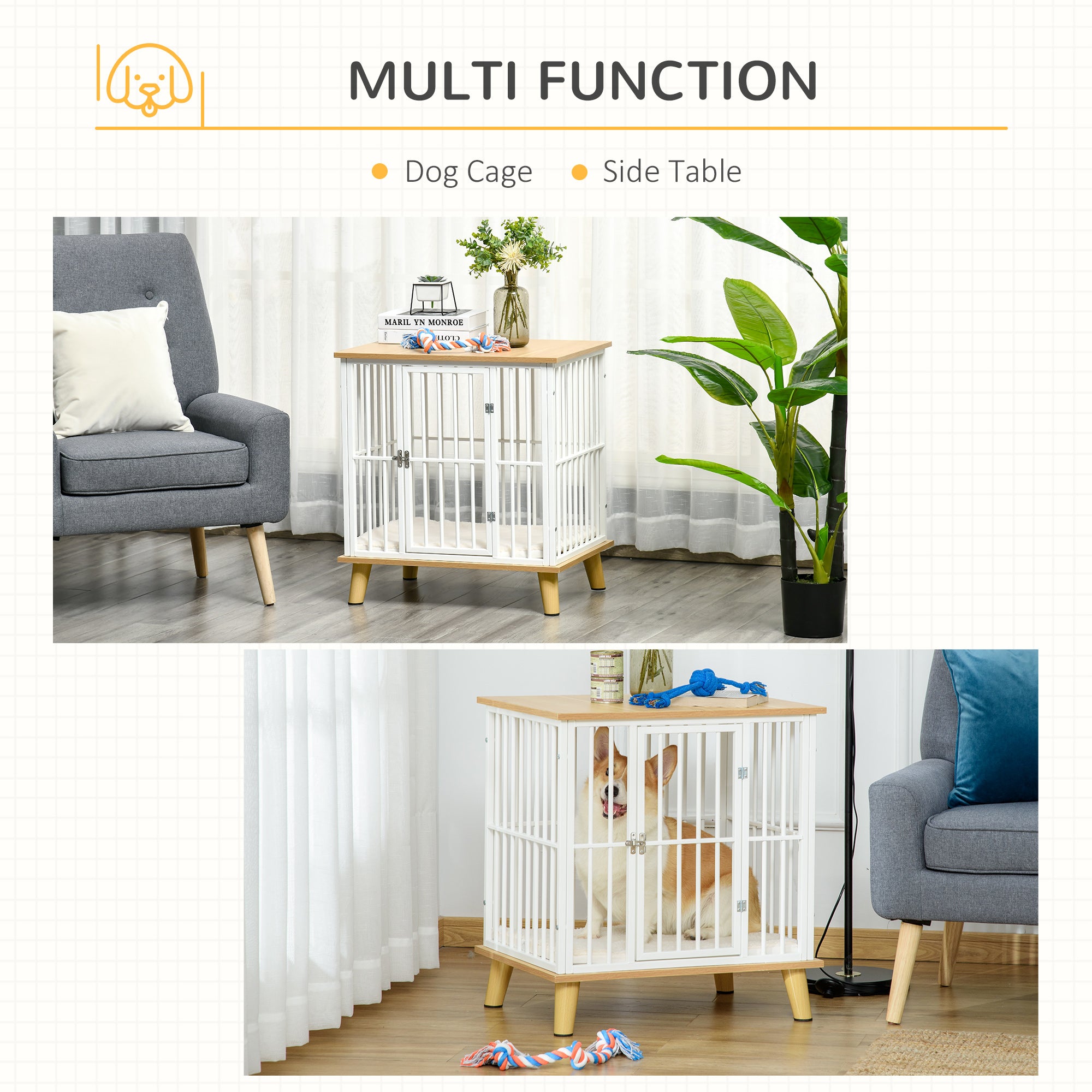 PawHut Dog Crate, Furniture Style Pet Cage Kennel, End Table, Decorative Dog House, with Soft Cushion, Wooden Top, Door, for Small Dogs, Indoor Use, Oak