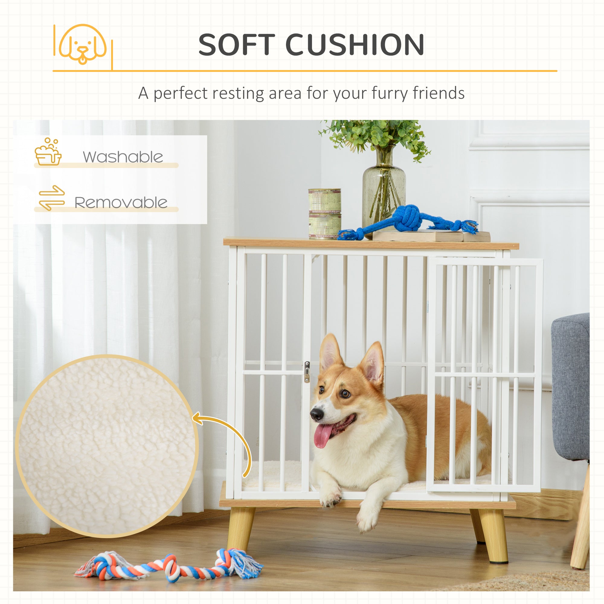 PawHut Dog Crate, Furniture Style Pet Cage Kennel, End Table, Decorative Dog House, with Soft Cushion, Wooden Top, Door, for Small Dogs, Indoor Use, Oak