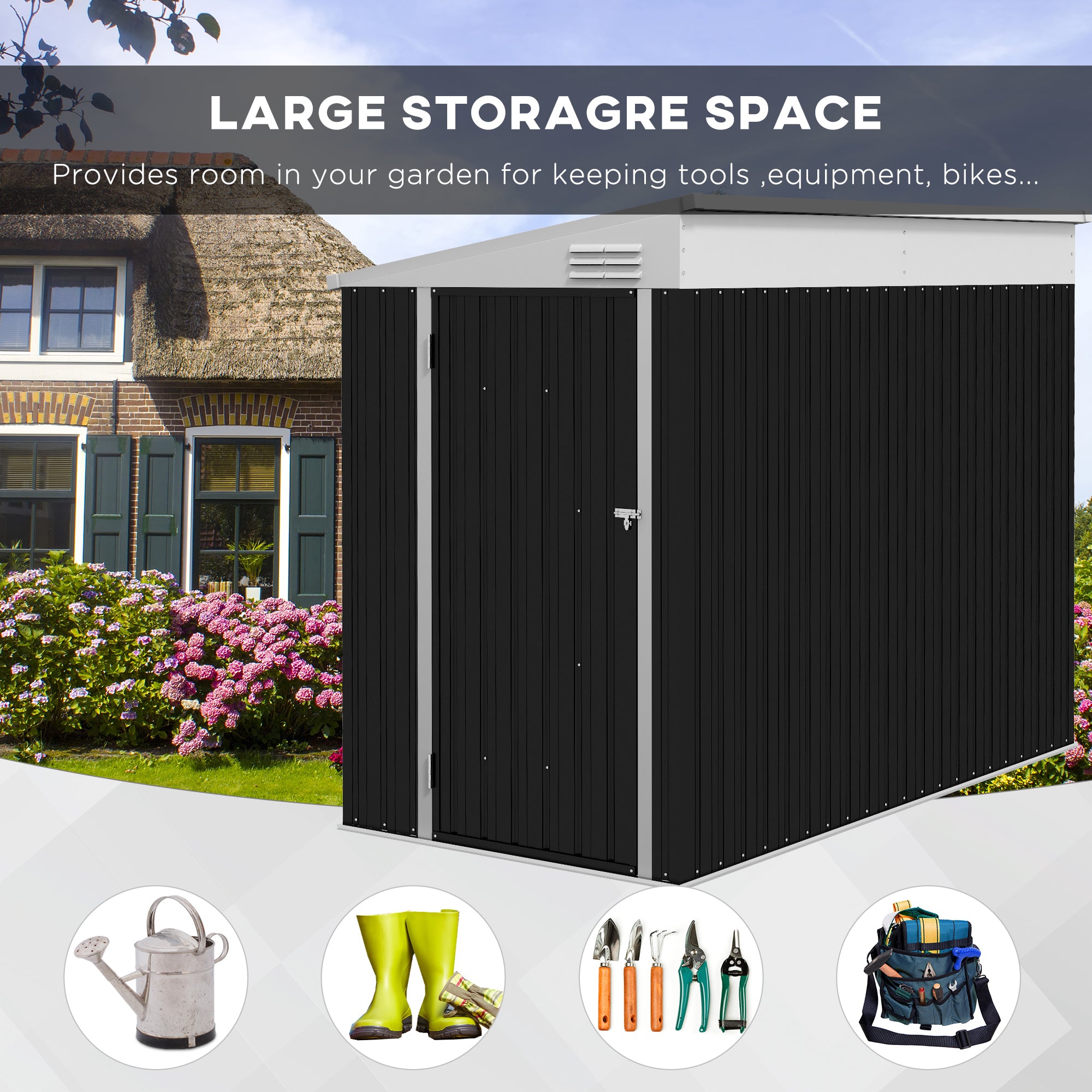 Outsunny 4' x 8' Steel Garden Storage Shed Lean to Shed Outdoor Metal Tool House with Lockable Door and 2 Air Vents for Backyard, Patio, Lawn, Dark Grey