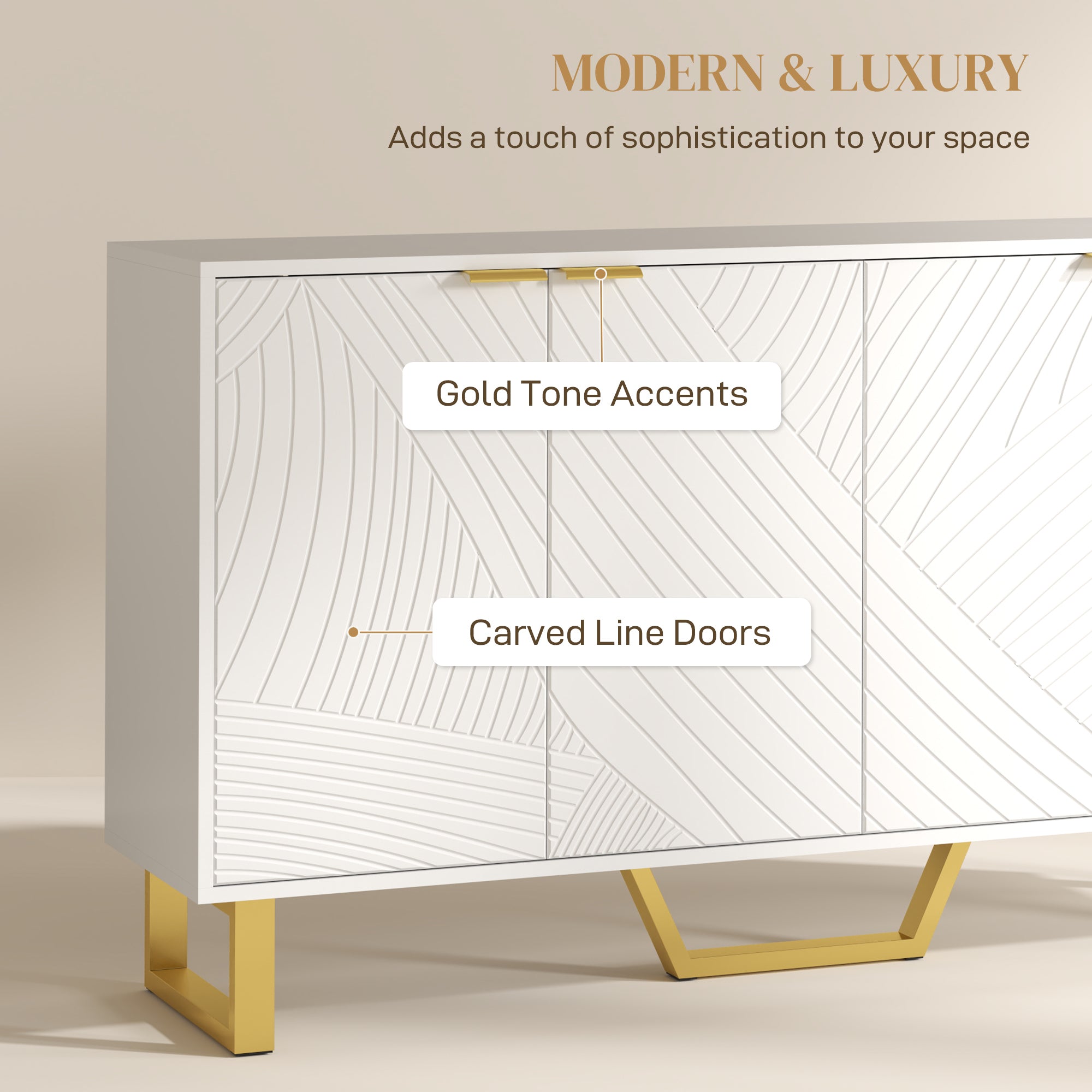 HOMCOM Sideboard Cabinet with Adjustable Shelves, Modern Buffet Cabinet with Carved Line Doors, TV Cabinet for 65 Inch TV, White