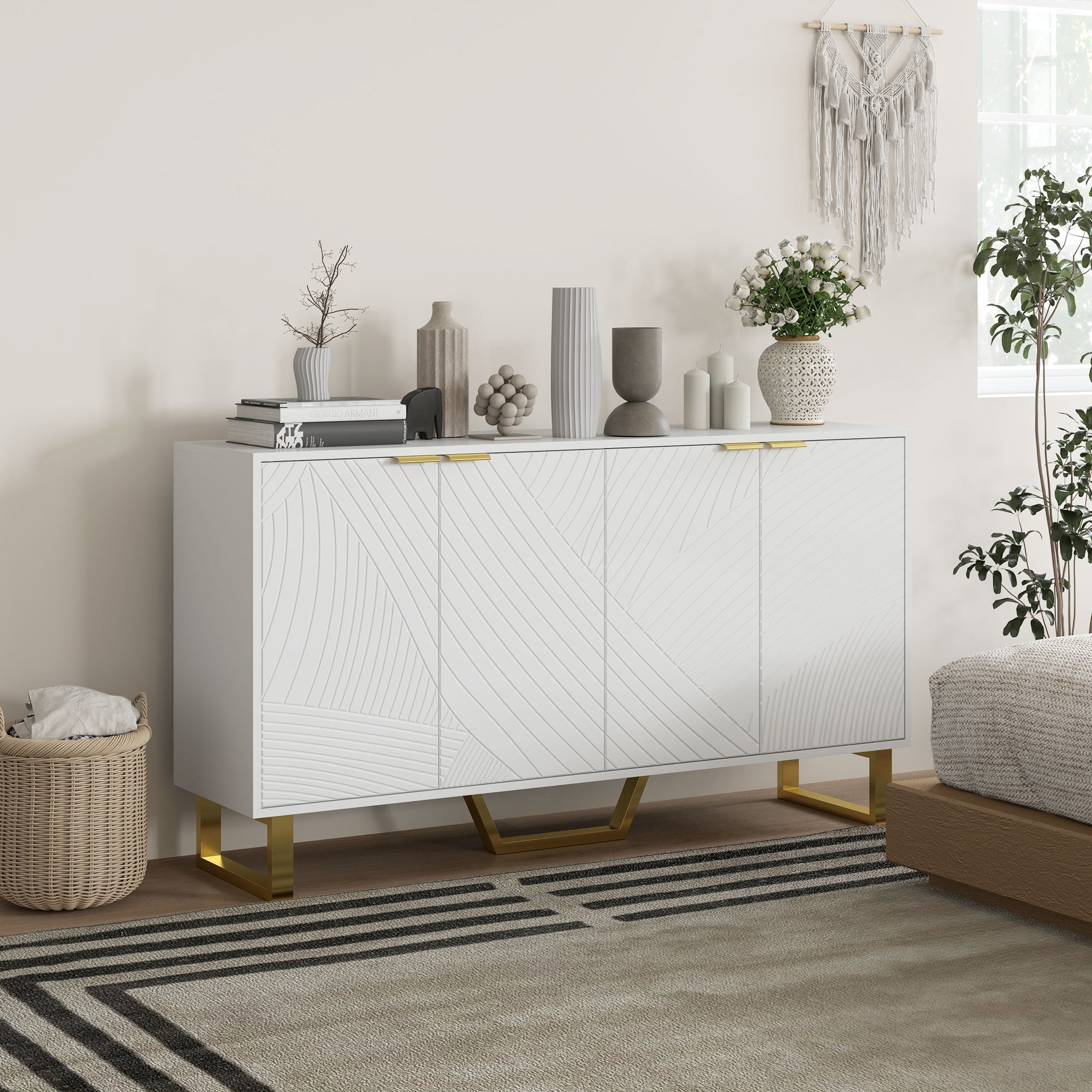 HOMCOM Sideboard Cabinet with Adjustable Shelves, Modern Buffet Cabinet with Carved Line Doors, TV Cabinet for 65 Inch TV, White