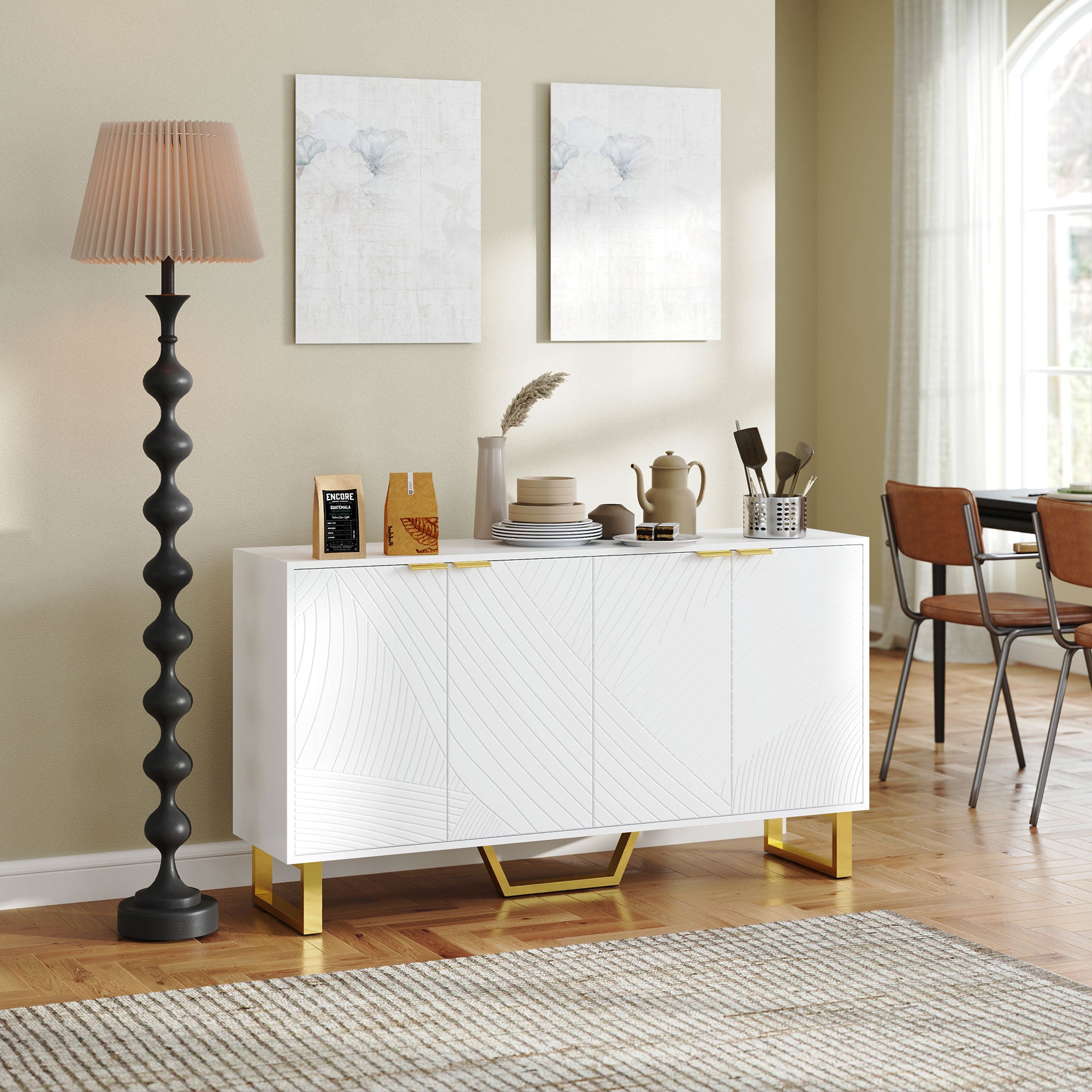 HOMCOM Sideboard Cabinet with Adjustable Shelves, Modern Buffet Cabinet with Carved Line Doors, TV Cabinet for 65 Inch TV, White