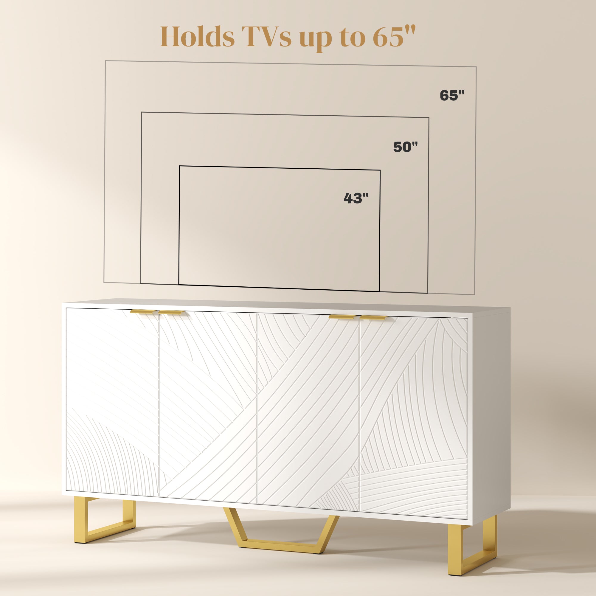 HOMCOM Sideboard Cabinet with Adjustable Shelves, Modern Buffet Cabinet with Carved Line Doors, TV Cabinet for 65 Inch TV, White