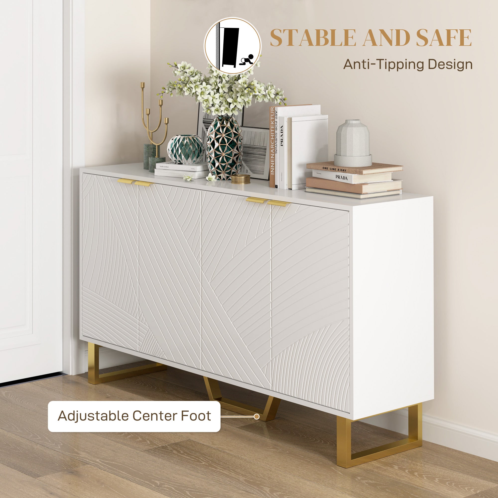 HOMCOM Sideboard Cabinet with Adjustable Shelves, Modern Buffet Cabinet with Carved Line Doors, TV Cabinet for 65 Inch TV, White