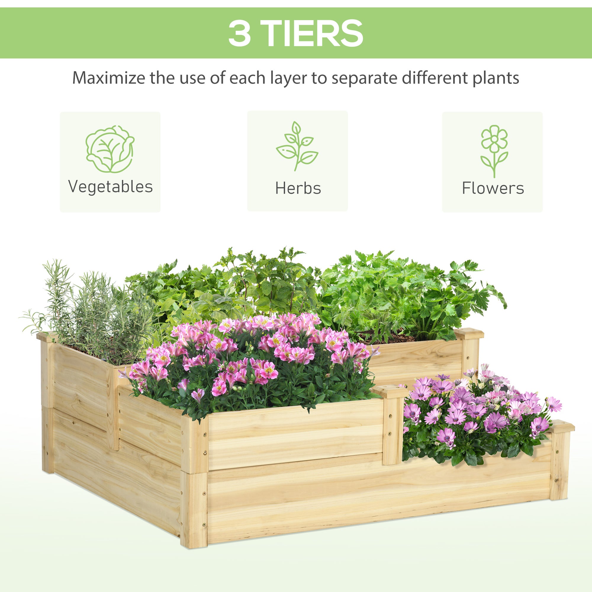 Outsunny 3 Tier Raised Garden Bed, Wooden Raised Planter Box Kit for Growing Vegetables, Herbs, Flowers, 42.5"x 34.6" x14.2", Natural