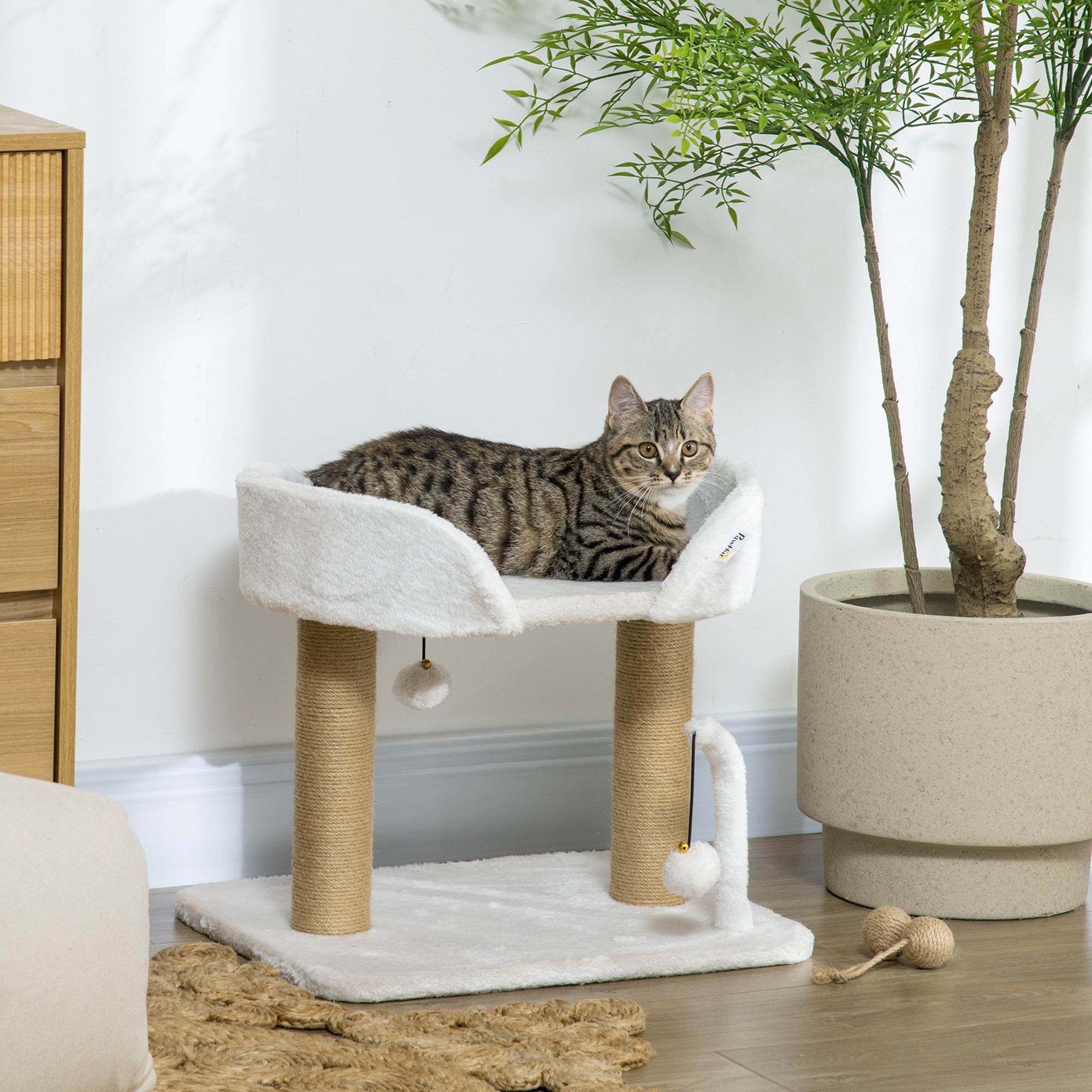 PawHut Cat Scratching Post Cat Tree Tower With Bed for Indoor Cats Scratcher Toy Balls 48 x 38 x 42cm - White