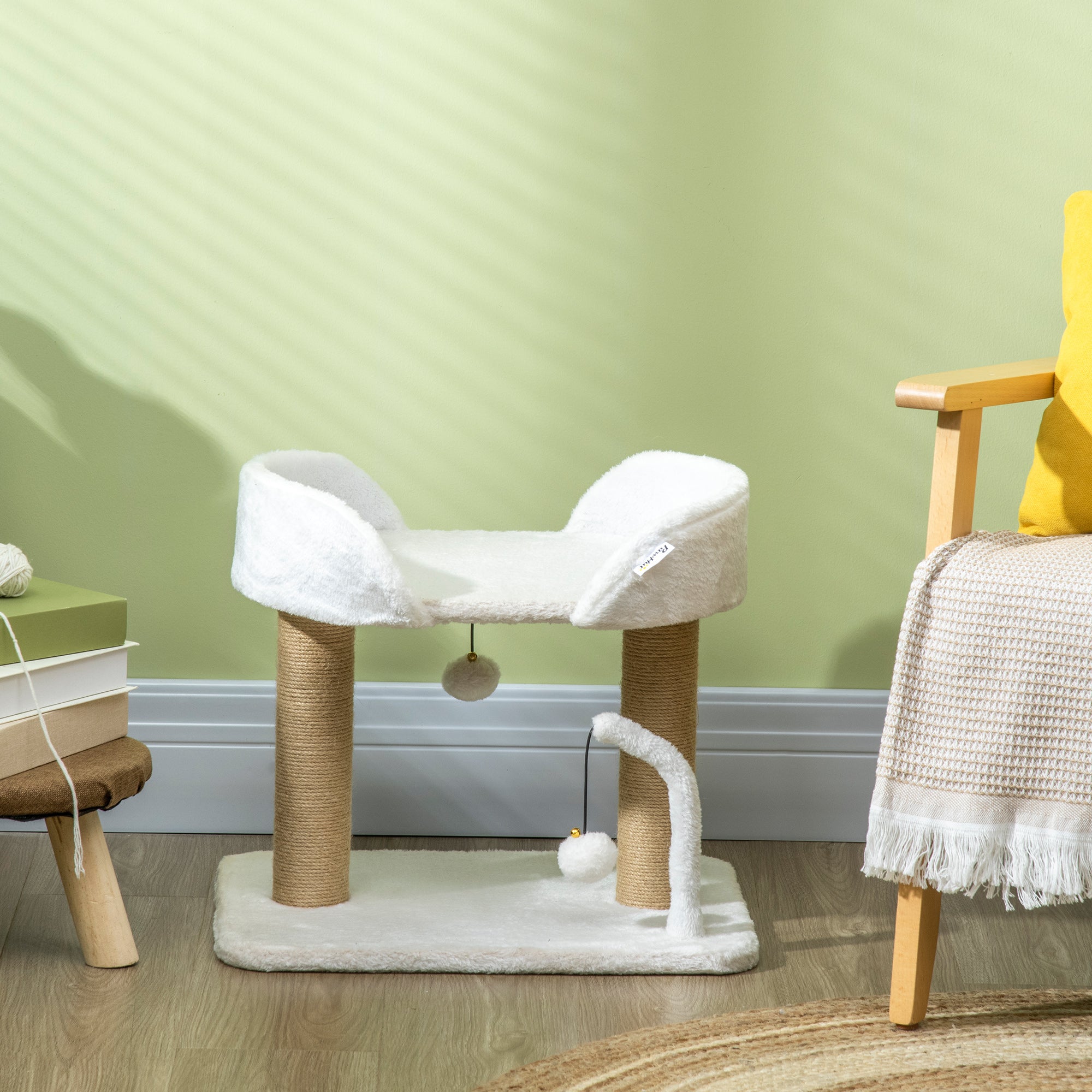 PawHut Cat Tree, 16.5" Small Cat Tower Condo for Indoor Cats with Jute Scratching Posts, Top Perch, Dangling Balls, Cat Activity Centre, White